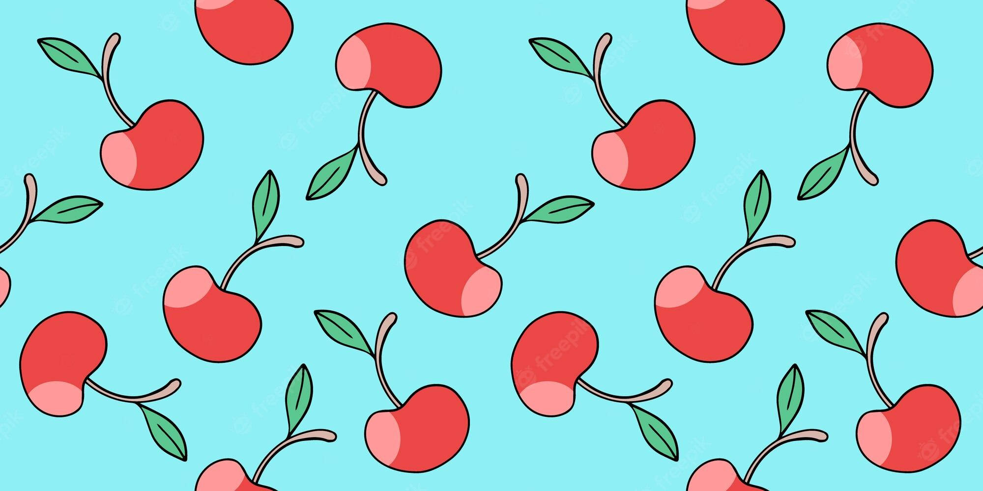 Cute Cherry Aesthetic 桌布 壁紙 — 紅色櫻桃配綠色葉子在明亮的青色背景上以俏皮的重複圖案漂浮。