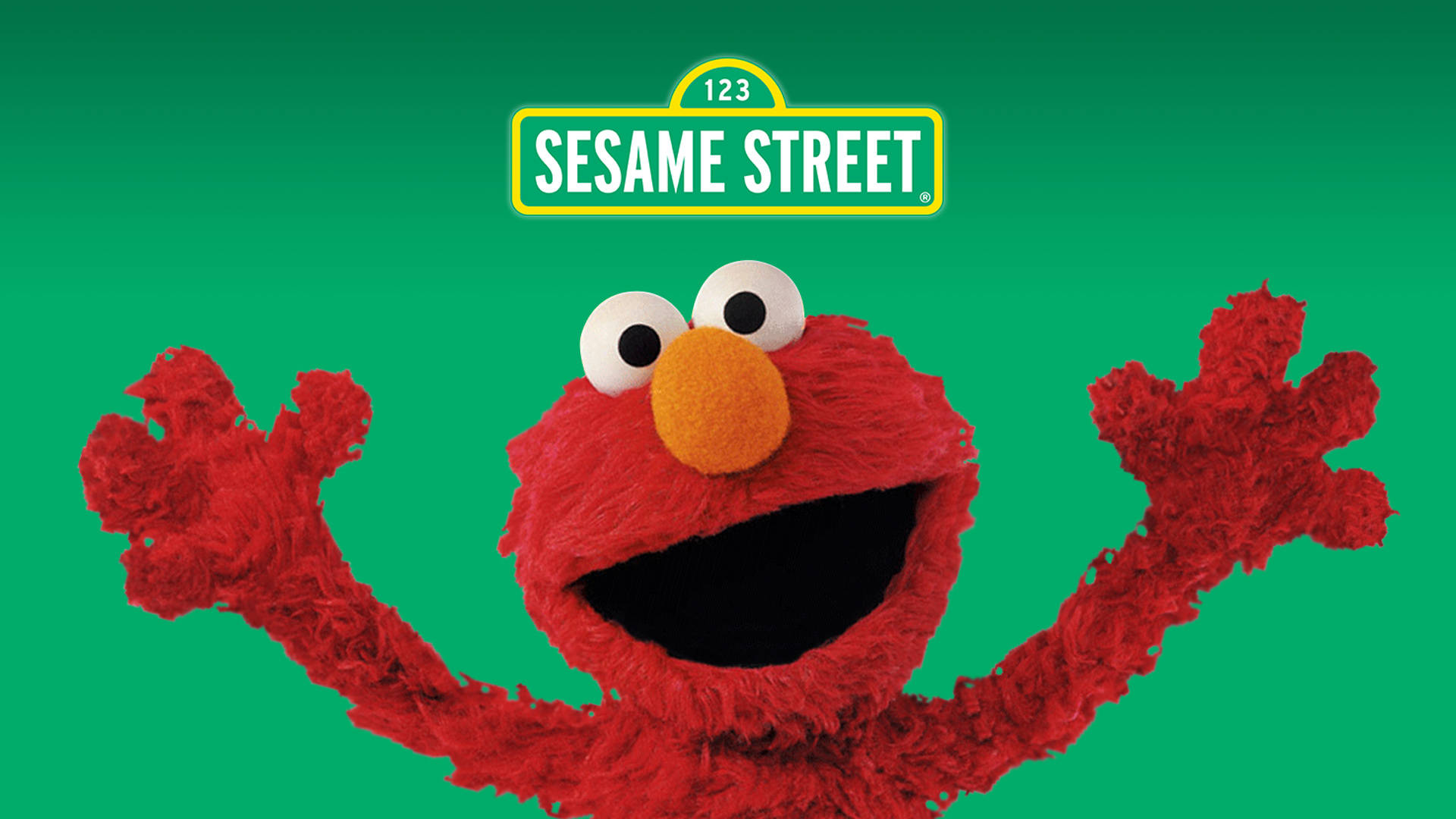 Elmo 桌布 壁紙 — 紅色毛茸茸的怪物 Elmo 在芝麻街標誌下方，對著純綠色背景高興地揮動雙臂。