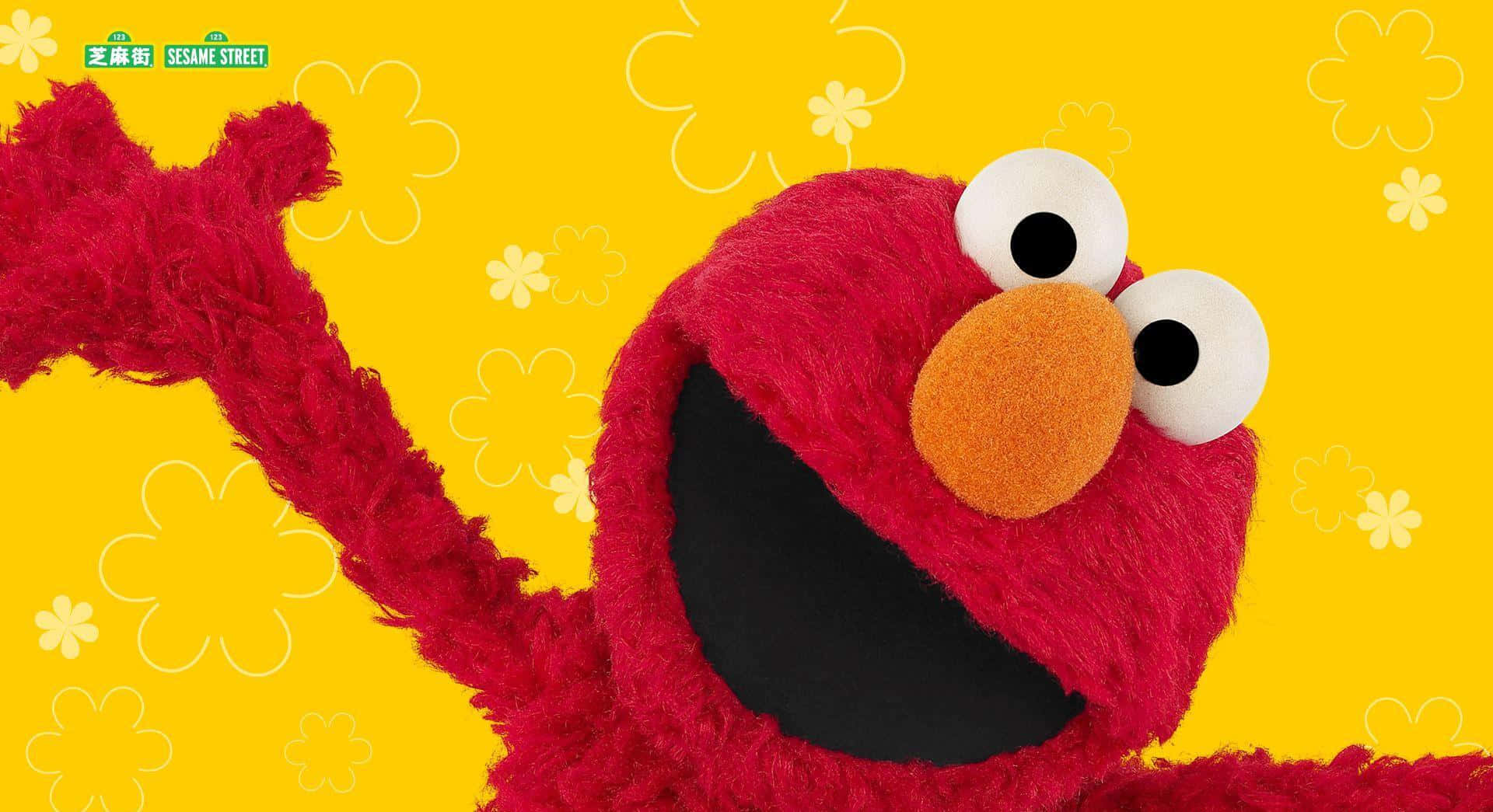 Sesame Street 桌布 壁紙 — 紅色毛茸茸的怪獸 Elmo 在明亮的黃色背景上，襯著白色花朵輪廓，愉快地揮手。