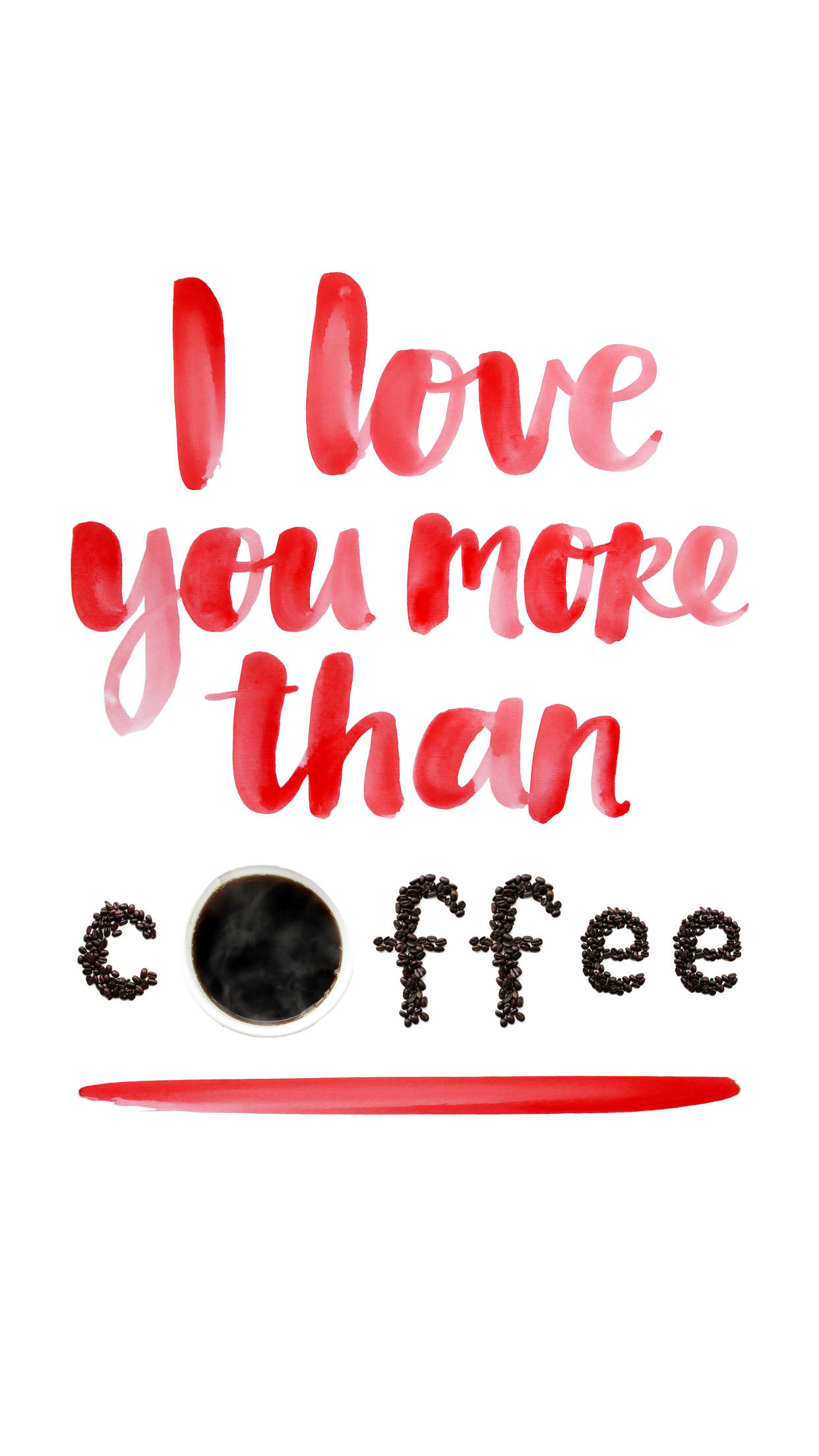 donuts 桌布 壁紙 — 紅色水彩字體寫著「我愛你勝過咖啡」，咖啡豆形成字母，還有一個咖啡杯。