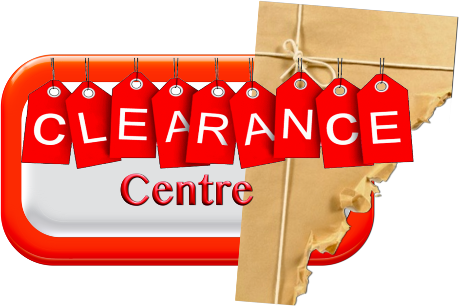 Sales 桌布 壁紙 — 紅色清倉標籤在黑色背景上拼出 clearance centre，位於一個破爛的棕色紙包裝上。