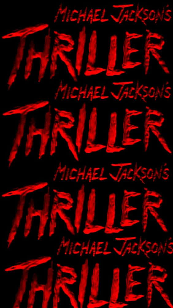 Michael Jackson Thriller 桌布 壁紙 — 紅色滴落文字拼寫Thriller在黑色背景上垂直重複，每個實例上方有Michael Jackson的名字。