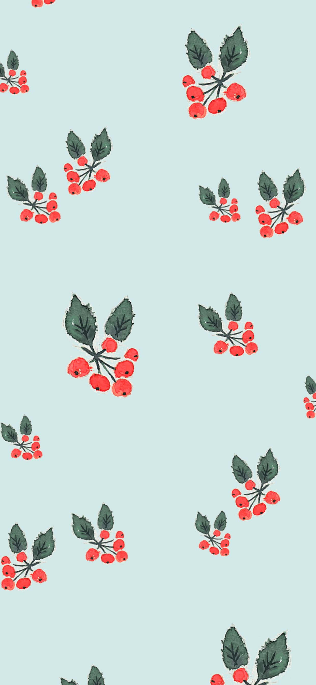 Minimalist Phone 桌布 壁紙 — 紅色漿果與深綠色葉子散落在柔和的薄荷綠色背景上，形成重複圖案。