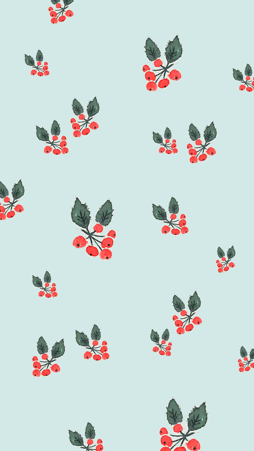 Cute Phone 桌布 壁紙 — 紅色漿果與綠葉散落在柔軟薄荷色背景上，形成重複圖案。