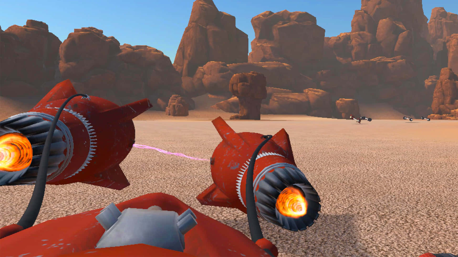 Podracing 桌布 壁紙 — 紅色火箭動力車輛以發光引擎和雷射光束衝過沙漠峽谷。