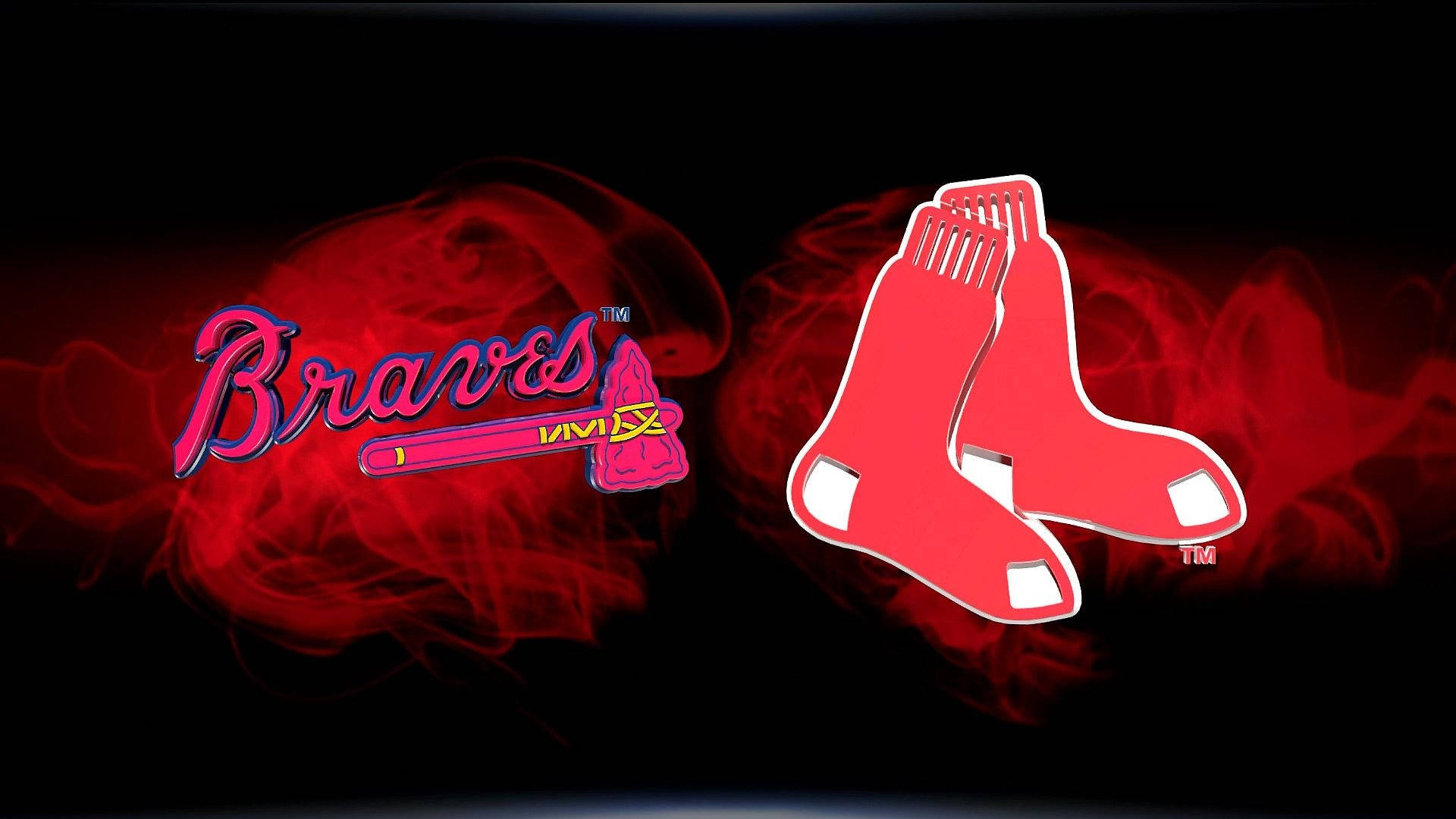 Braves 桌布 壁紙 — 紅色煙霧在黑色背景上發光的亞特蘭大勇士隊和波士頓紅襪隊標誌後面旋轉。