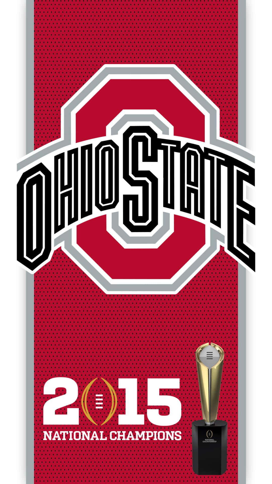 Ohio 桌布 壁紙 — 紅色球衣布料展示俄亥俄州立大學的大膽標誌和2015年全國冠軍獎盃，配以金色點綴。