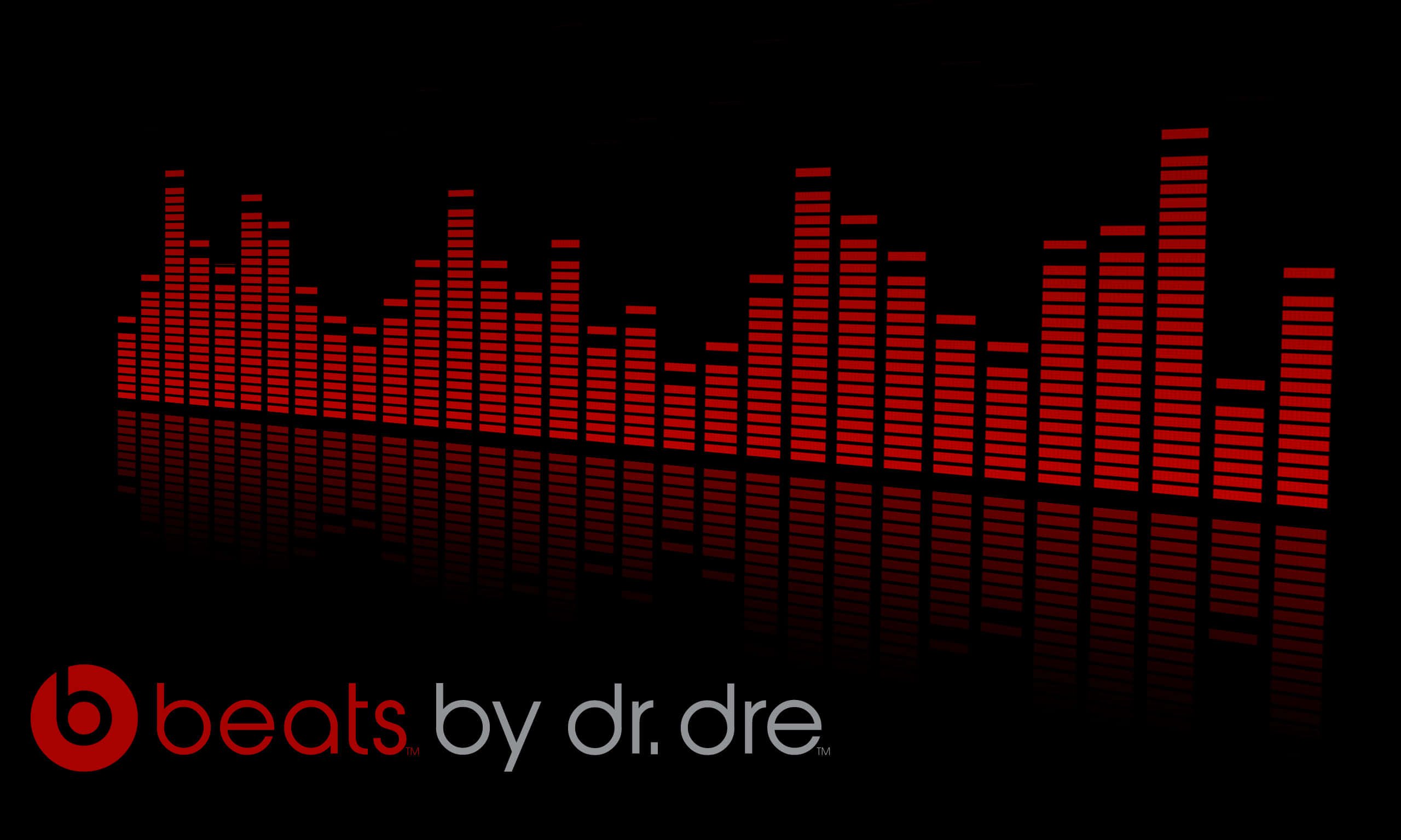 Beats 桌布 壁紙 — 紅色發光等化器條在黑色背景上脈動，左下角有 Beats by Dr Dre 標誌。