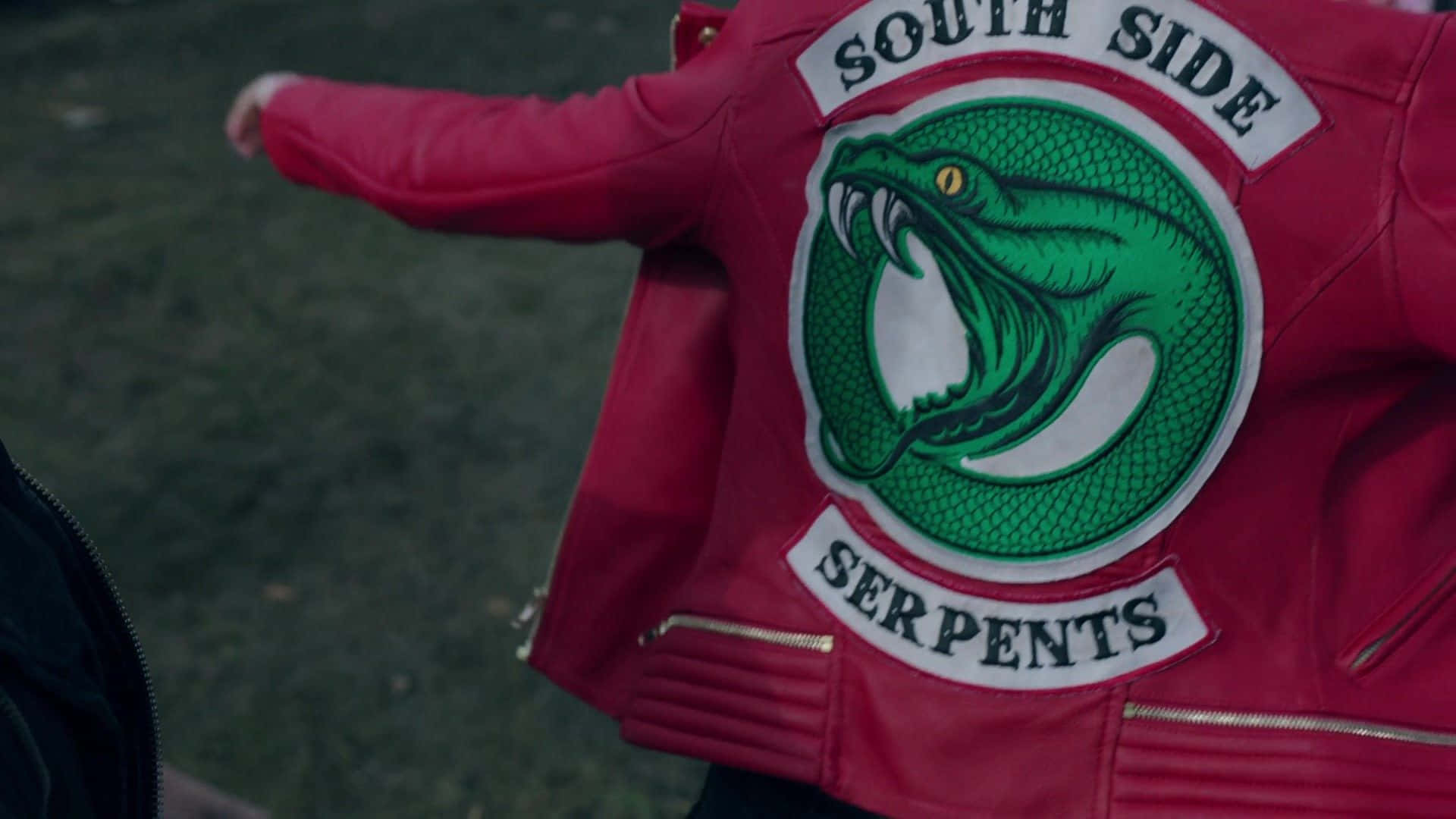 Southside Serpents 桌布 壁紙 — 紅色皮夾克特寫，上面有綠色蛇形補丁，寫著 South Side Serpents，背景是模糊的草地。