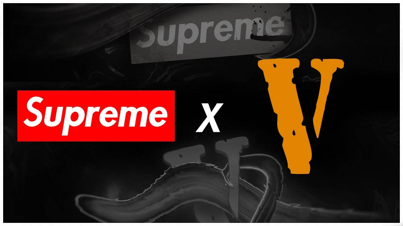 Vlone 桌布 壁紙 — 紅色盒子中的Supreme標誌和橙色V標誌，背景為帶有煙霧效果的深色抽象背景。