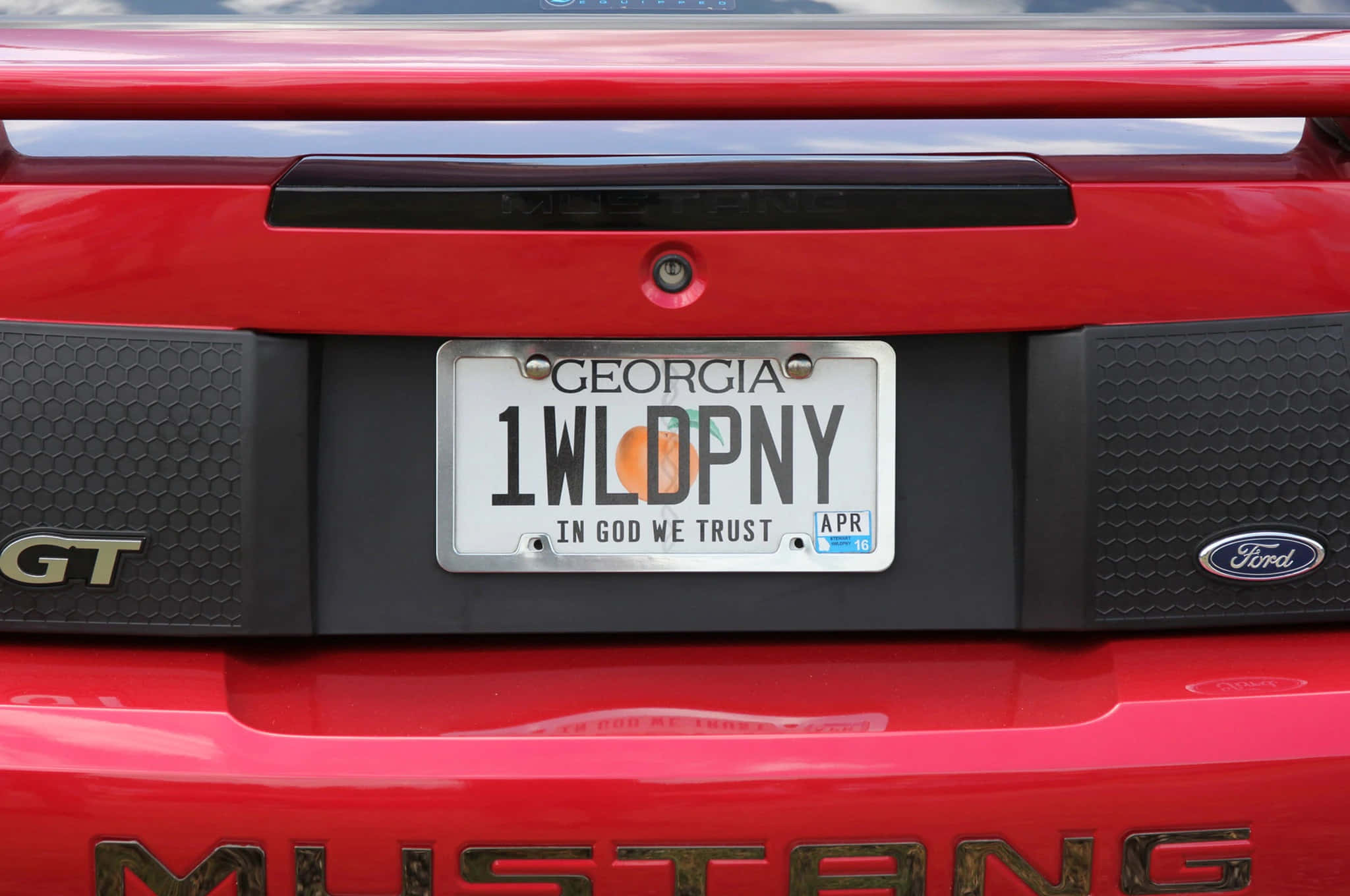 Car License Plate 桌布 壁紙 — 紅色福特Mustang GT車尾特寫，帶有喬治亞州車牌，上面有「1WLDPNY」和「IN GOD WE TRUST」字樣。