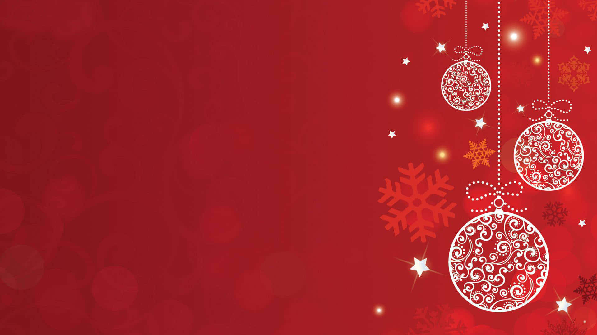 Christmas Red 桌布 壁紙 — 紅色節日壁紙，帶有白色華麗裝飾、雪花和閃爍星星的節日背景。