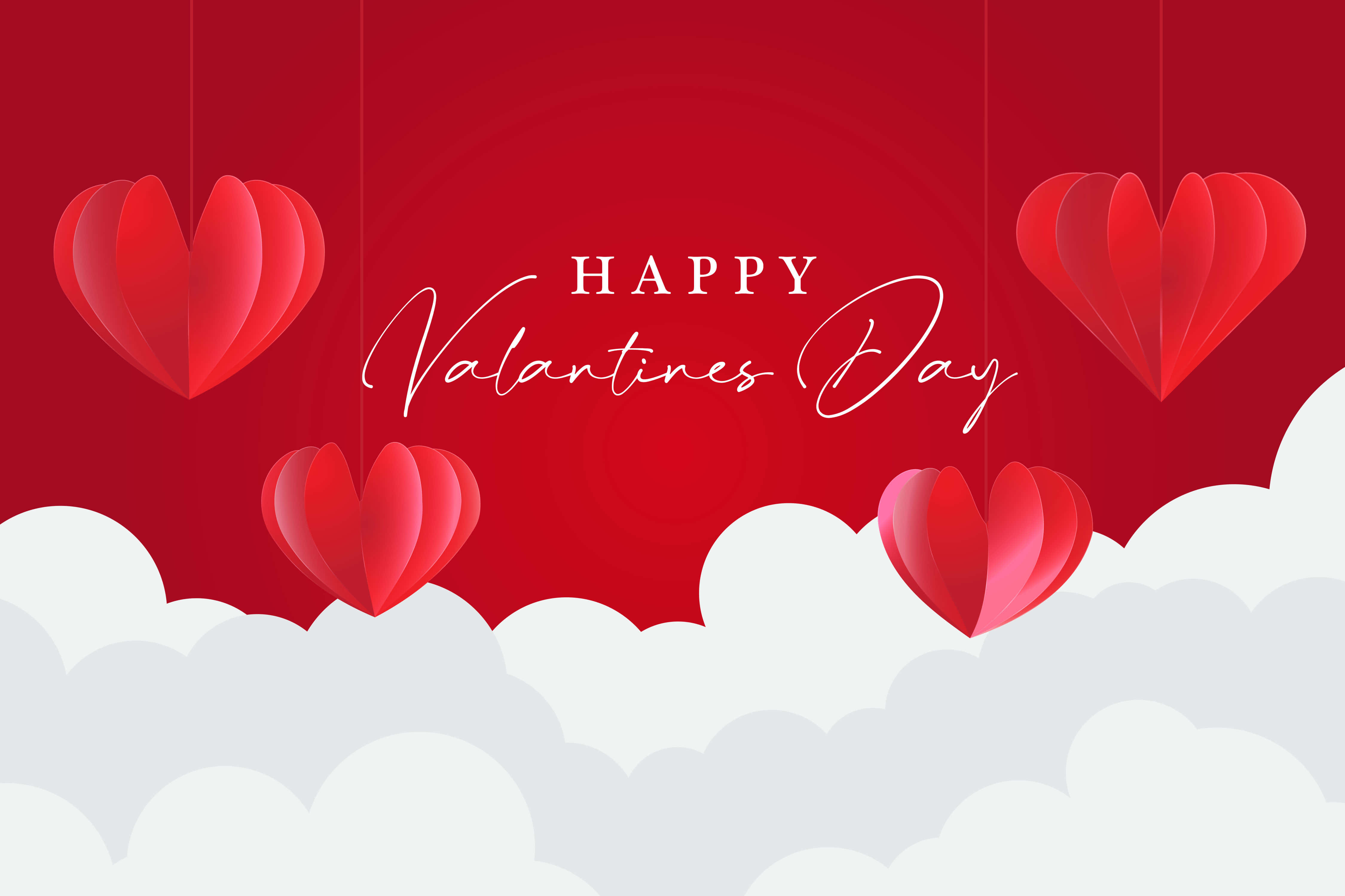 Happy Valentines Day 桌布 壁紙 — 紅色紙愛心漂浮在 fluffy 白色雲朵之上，背景為深紅色，並帶有 'Happy Valentine's Day' 文字。