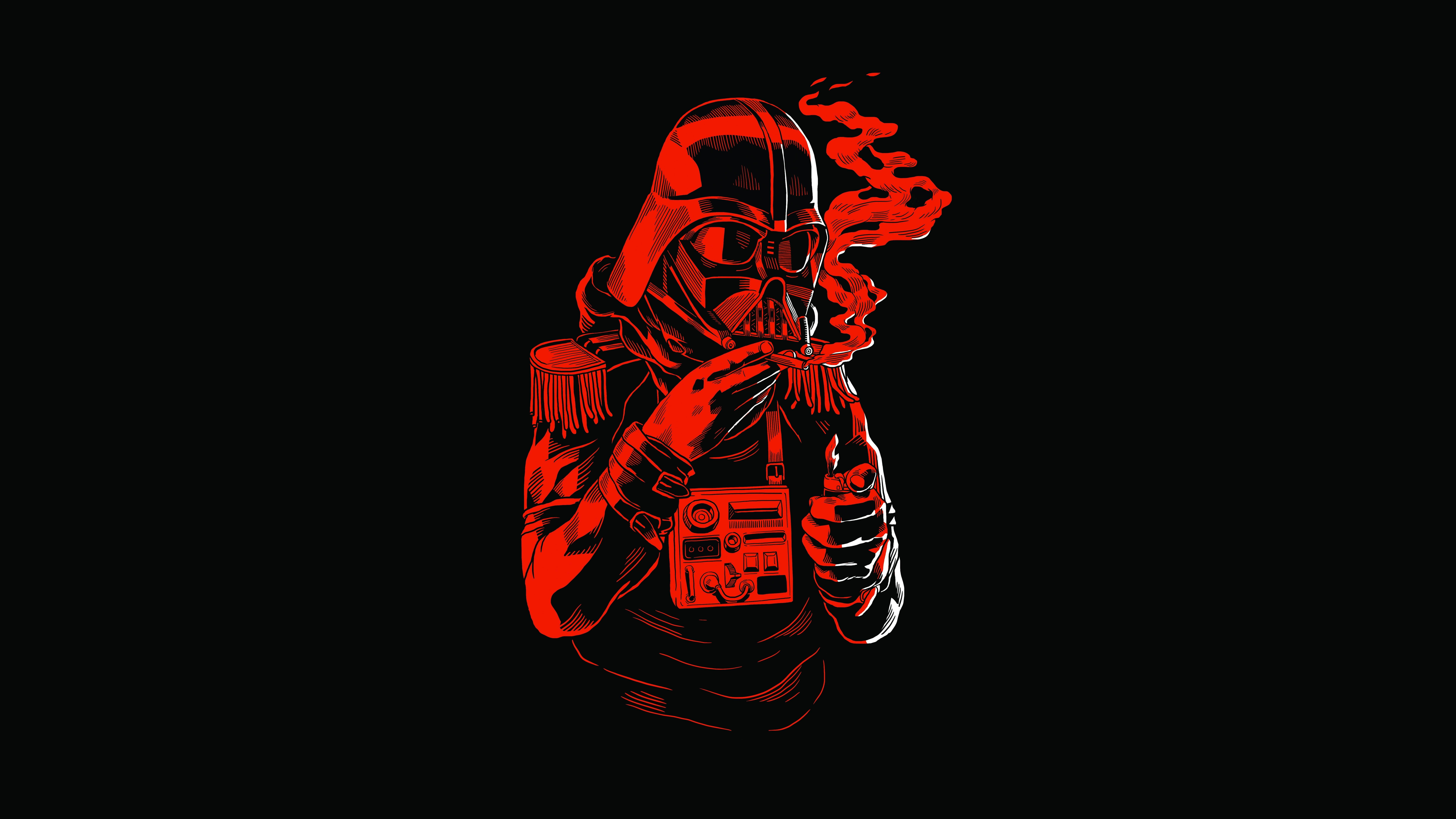 Star Wars Red 桌布 壁紙 — 紅色線條藝術風格的達斯維達在黑色背景上抽煙，煙霧向上繚繞。