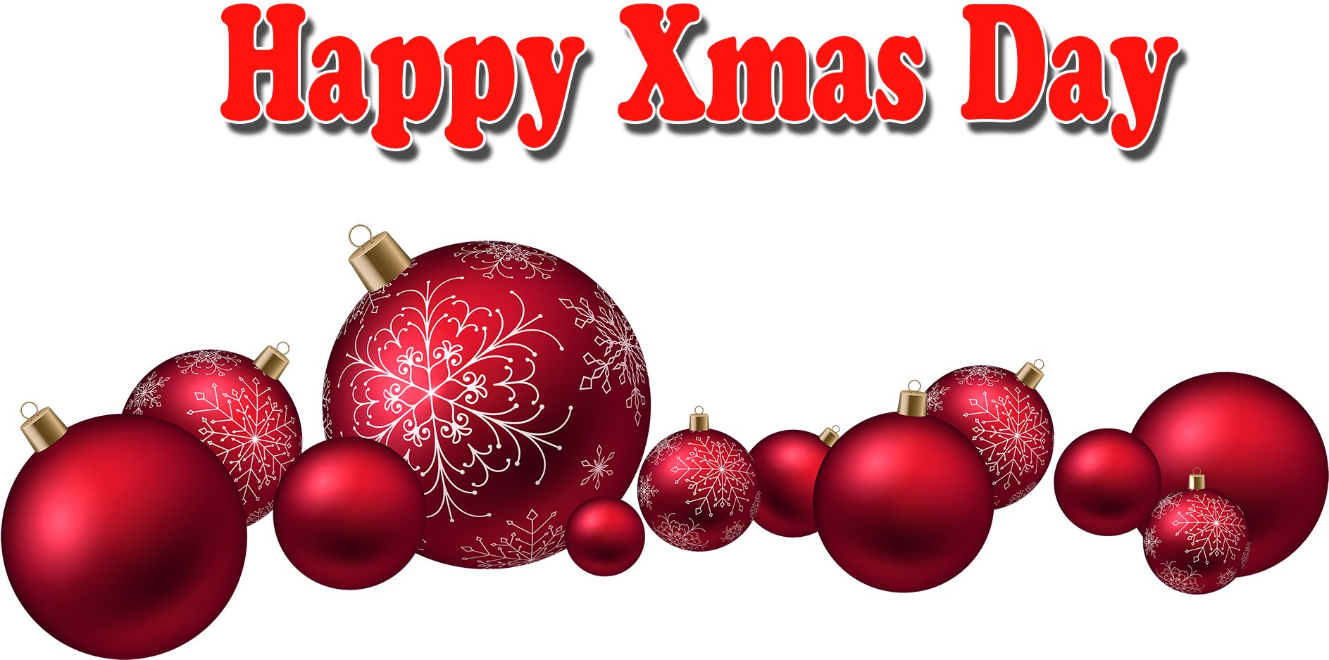 happy christmas 桌布 壁紙 — 紅色聖誕裝飾品帶有白色雪花圖案，排列在黑色背景上，下方有粗體紅色文字。