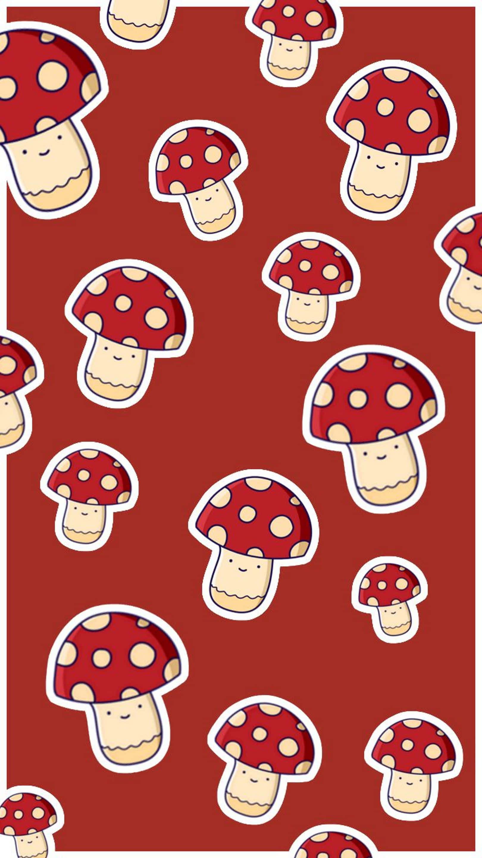 Kawaii Mushroom 桌布 壁紙 — 紅色背景，有可愛的卡通蘑菇，帶有白色圓點和笑臉。