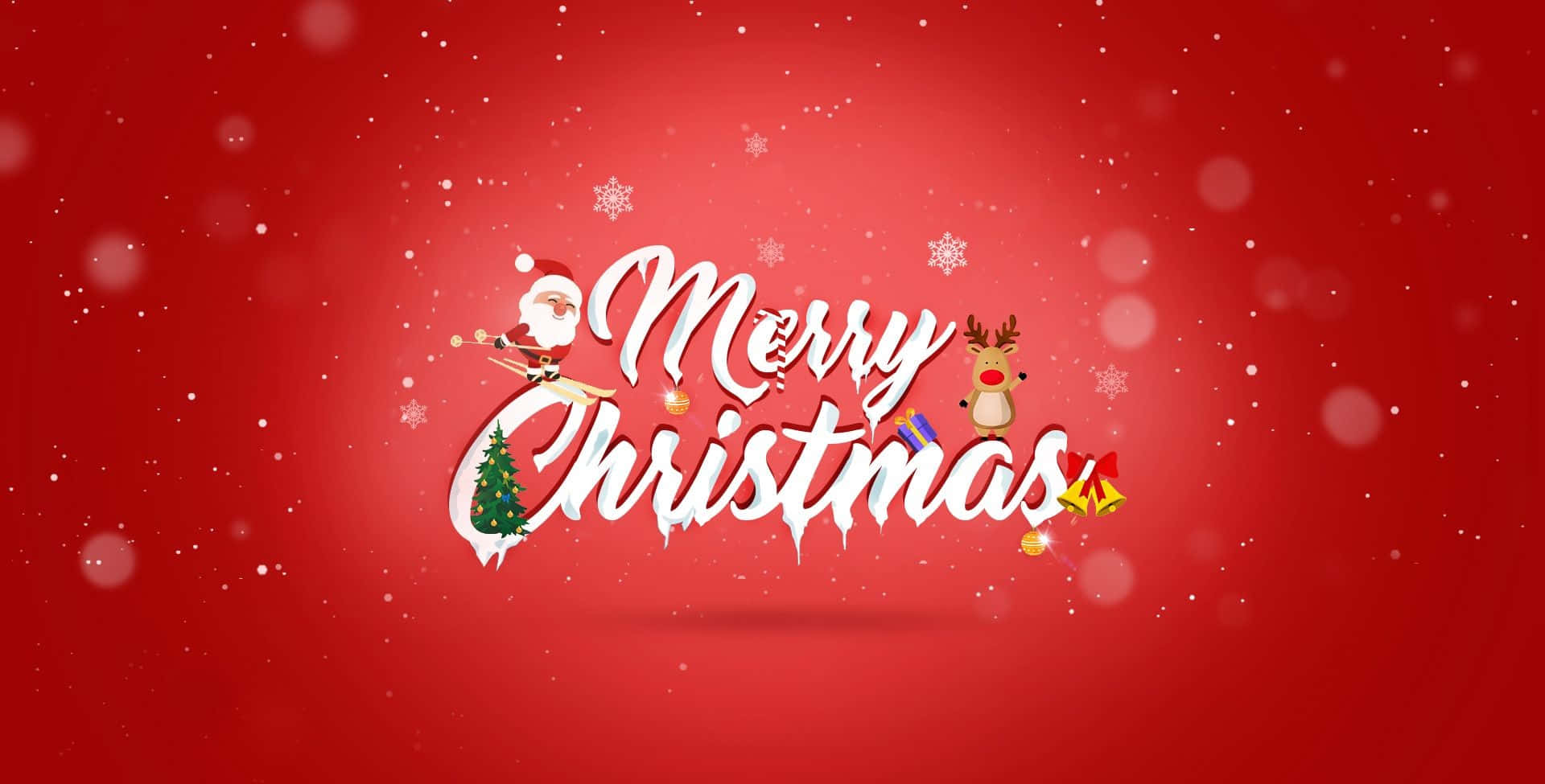 Boho Christmas 桌布 壁紙 — 紅色背景上帶有聖誕老人和馴鹿的白色草書聖誕快樂文字，並有飄落的雪花。