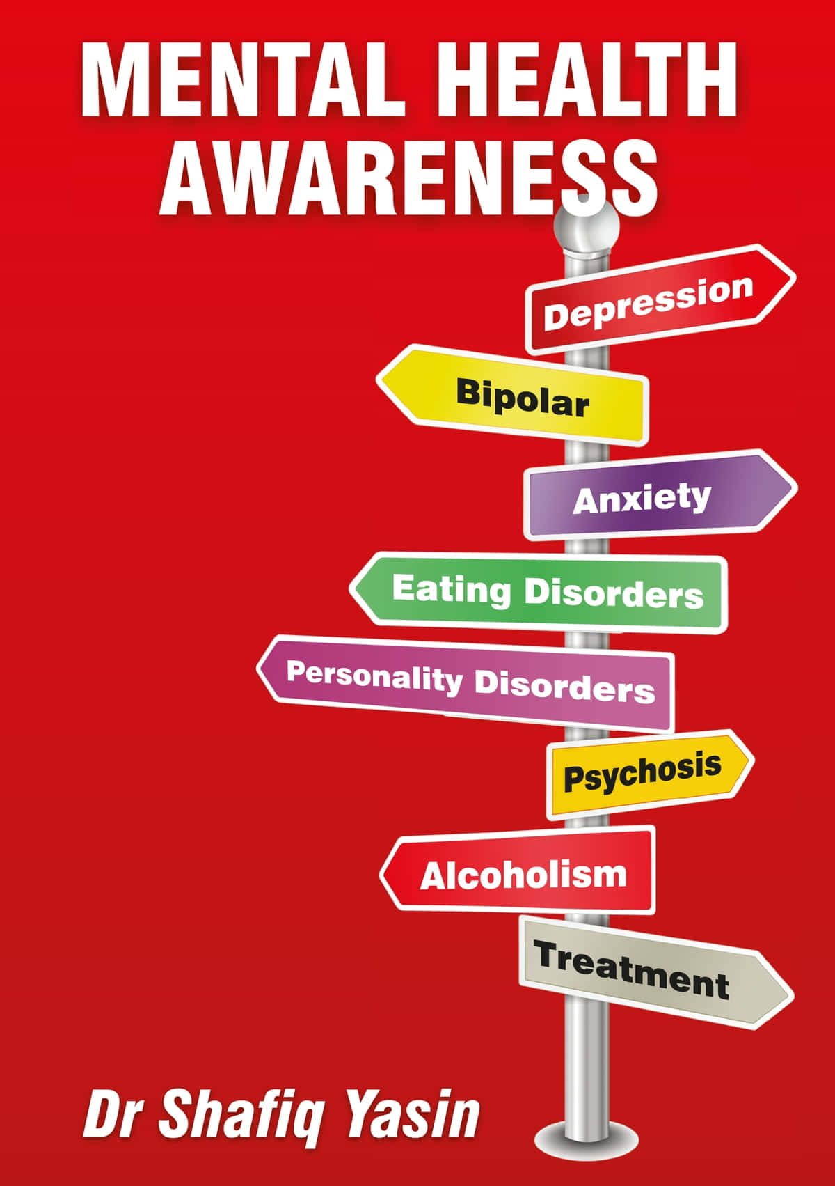 mental health 桌布 壁紙 — 紅色背景上有一個金屬桿，上面有指向憂鬱症、焦慮症和治療等心理健康狀況的彩色方向標誌。