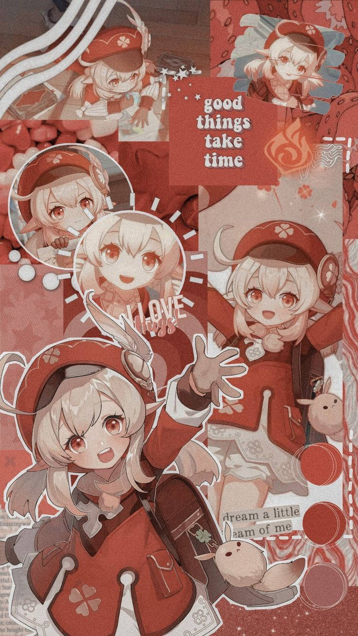klee 桌布 壁紙 — 紅色背景上的動漫女孩貼紙拼貼，有紅色服裝和文字疊加。