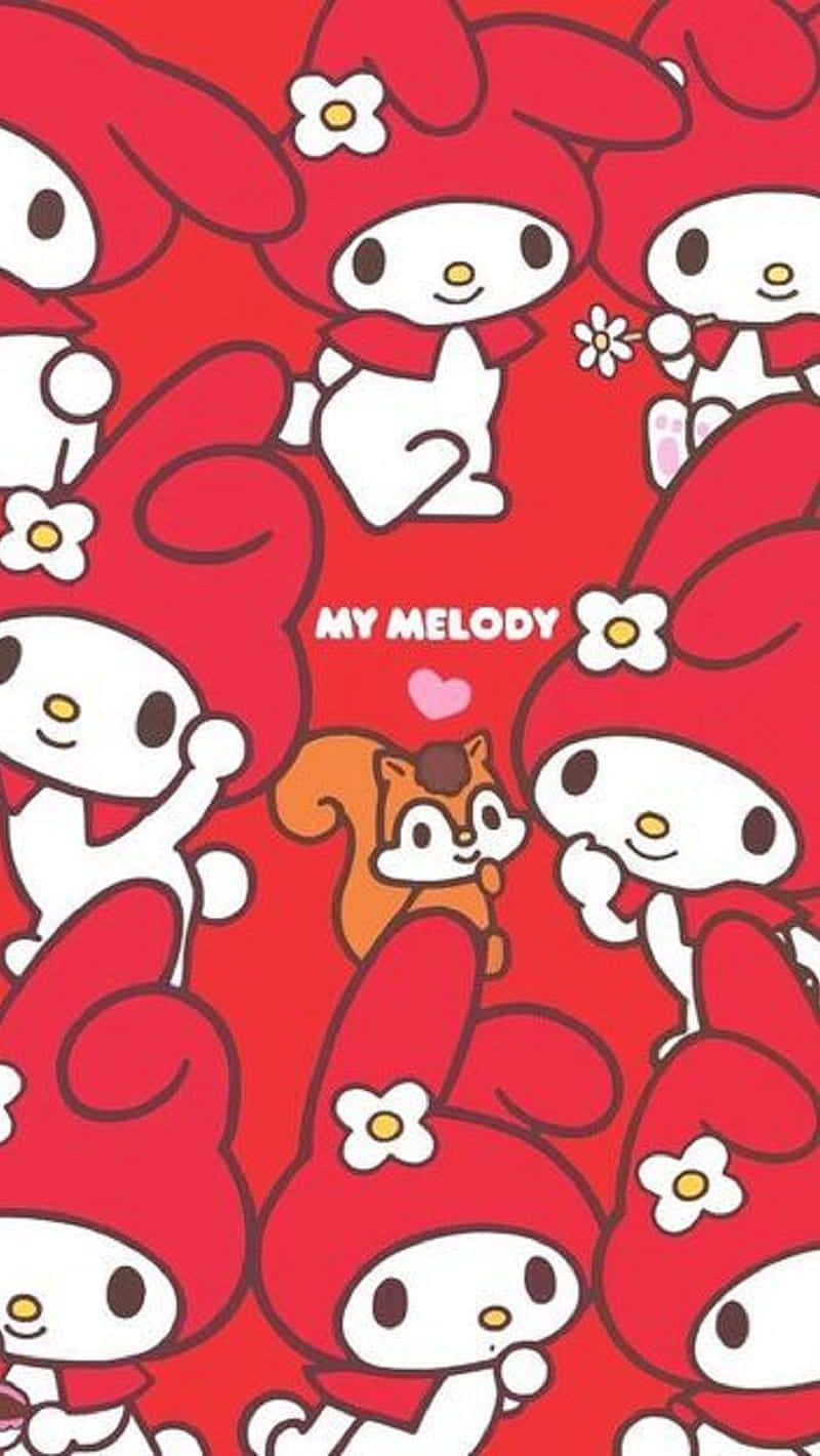 戴紅帽的My Melody角色和白花在紅色背景上，還有一隻小狐狸。 — 卡通 iPhone 壁紙 壁紙