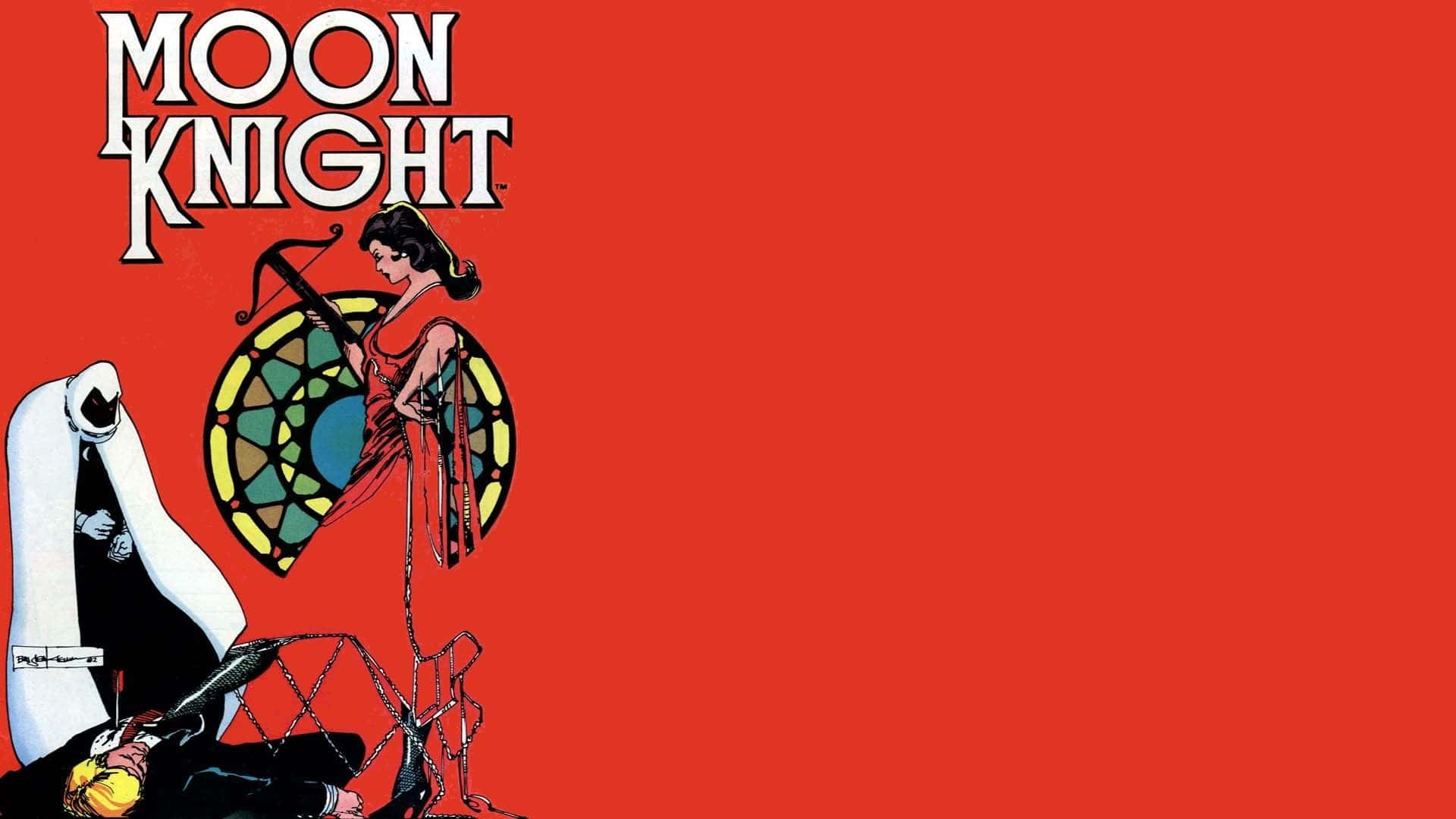 Moon Knight 桌布 壁紙 — 紅色背景的Moon Knight漫畫書封面，一名身穿紅色連衣裙的女子手持弓箭，旁邊有一個白色兜帽人物。