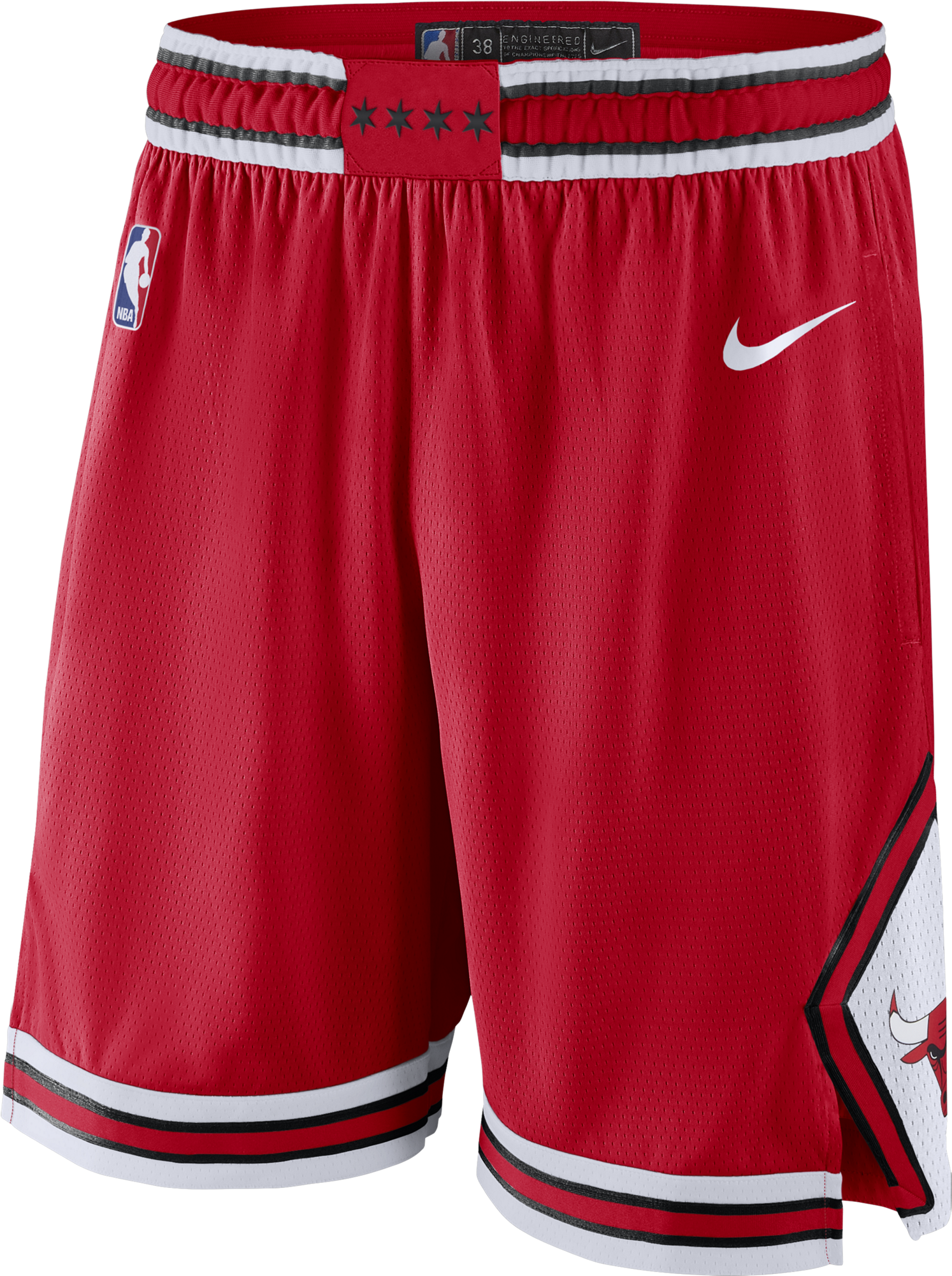 Nike 桌布 壁紙 — 紅色芝加哥公牛隊NBA籃球短褲，帶有白色和黑色飾邊及側面隊徽。