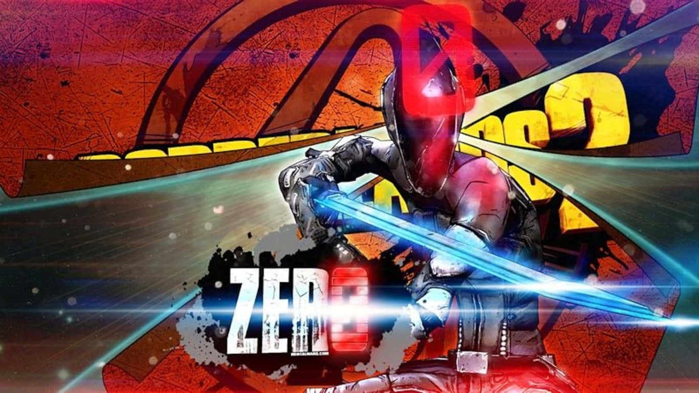 1366x768 Borderlands 3 桌布 壁紙 — 紅色裝甲戰士揮舞發光藍劍，背景是塗鴉滿佈的城市，風格大膽的漫畫藝術。
