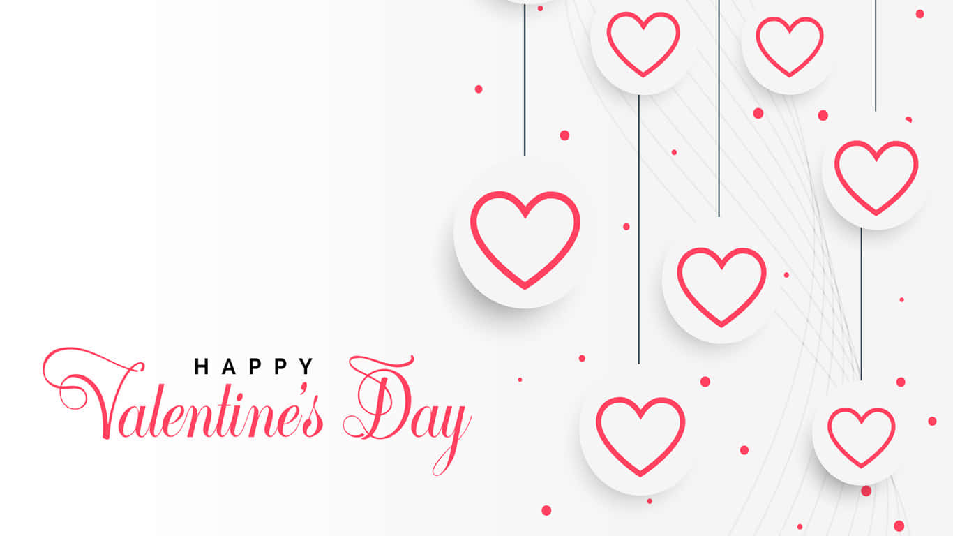valentine 桌布 壁紙 — 紅色輪廓的心形像紙裝飾一樣掛在柔軟的白色背景上，下方寫有「Happy Valentine's Day」。
