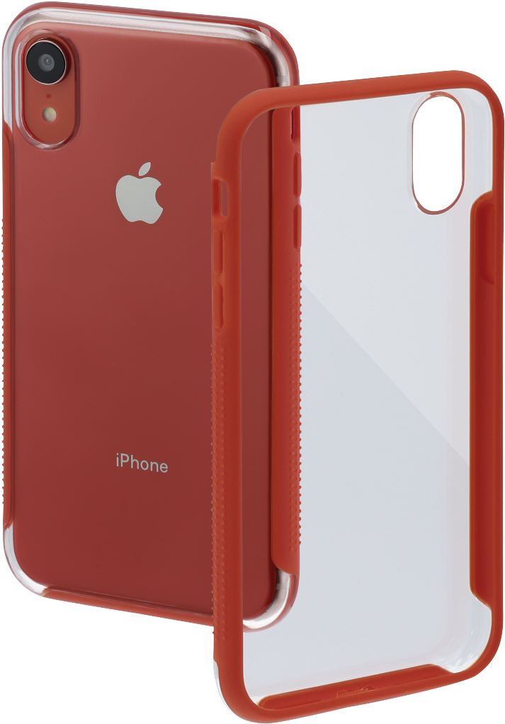 Apple Mobile 桌布 壁紙 — 紅色透明iPhone XR保護殼，從背面和正面展示，背景為黑色。