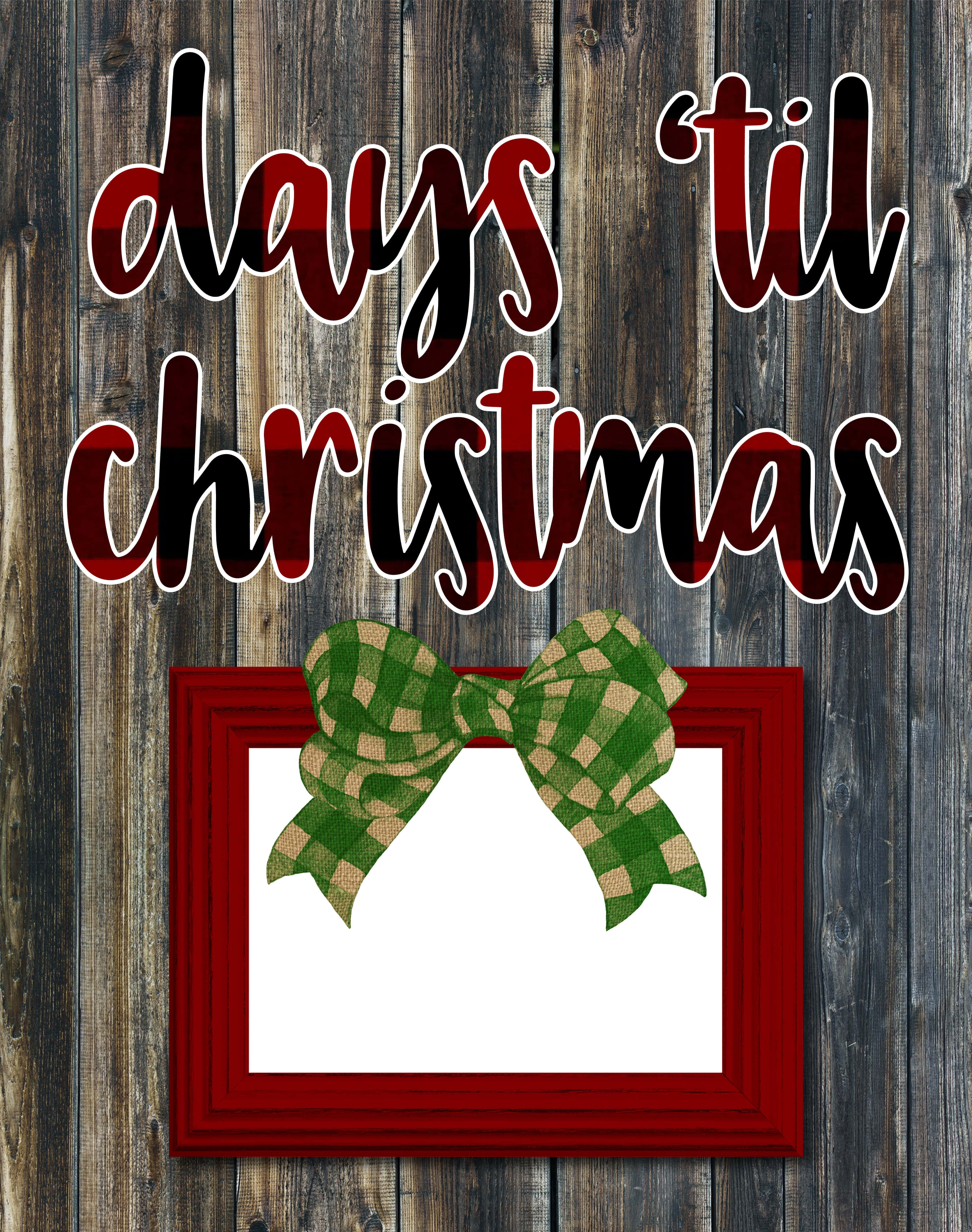 Christmas Countdown 桌布 壁紙 — 紅色邊框假日倒數標誌，搭配綠色格子蝴蝶結，背景為鄉村風格的風化木材。