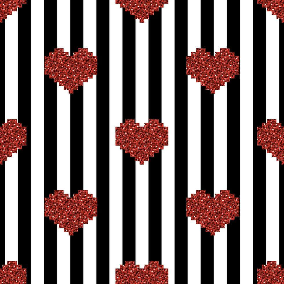 Heart Pattern 桌布 壁紙 — 紅色閃粉心形漂浮在醒目的黑白垂直條紋重複圖案上。