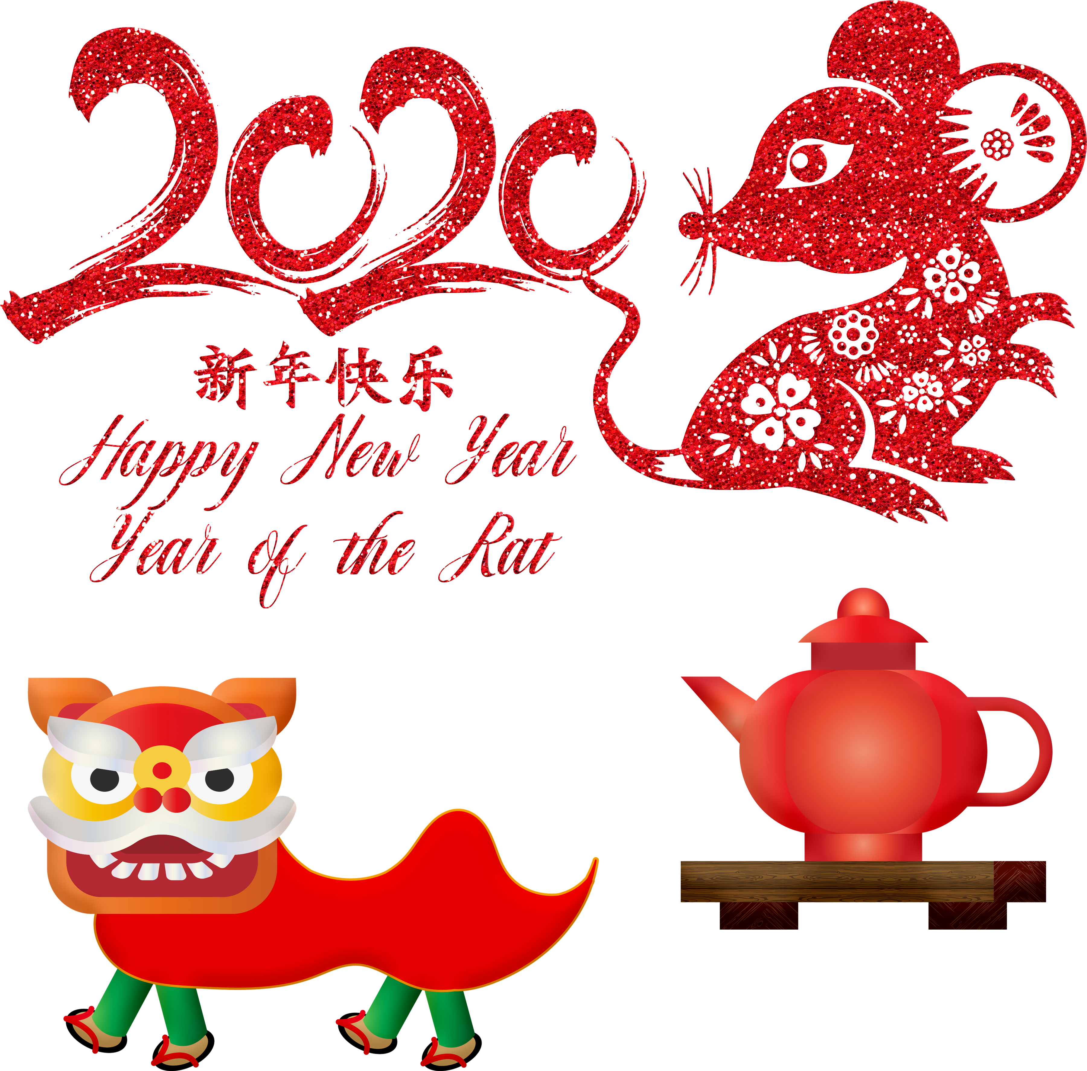 Lunar New Year 桌布 壁紙 — 紅色閃粉老鼠和舞獅插圖，慶祝2020年農曆新年，搭配木架上的紅色茶壺。