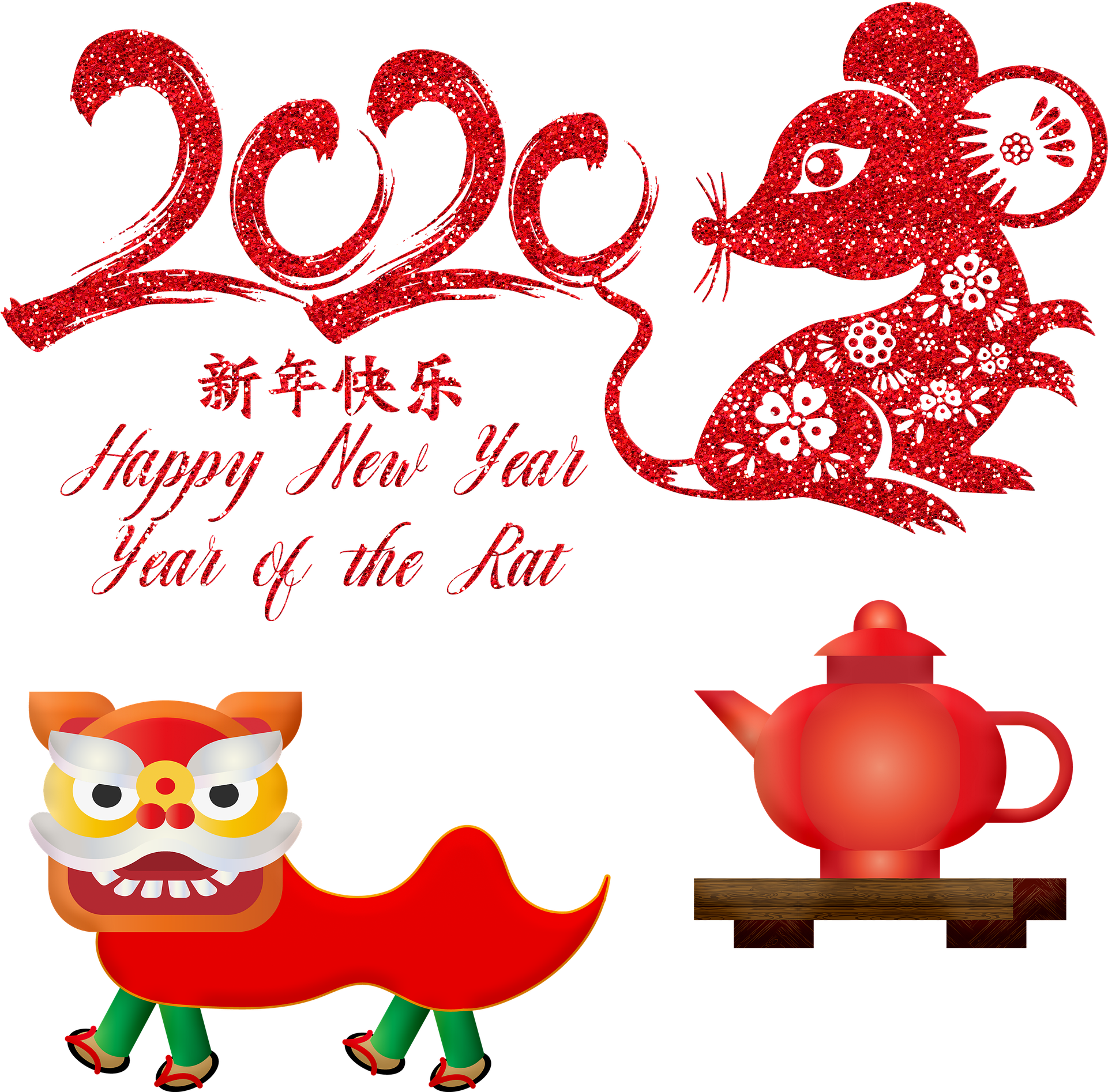 春節 桌布 壁紙 — 紅色閃粉老鼠和舞獅插圖，慶祝2020年農曆新年，木架上放有紅色茶壺。