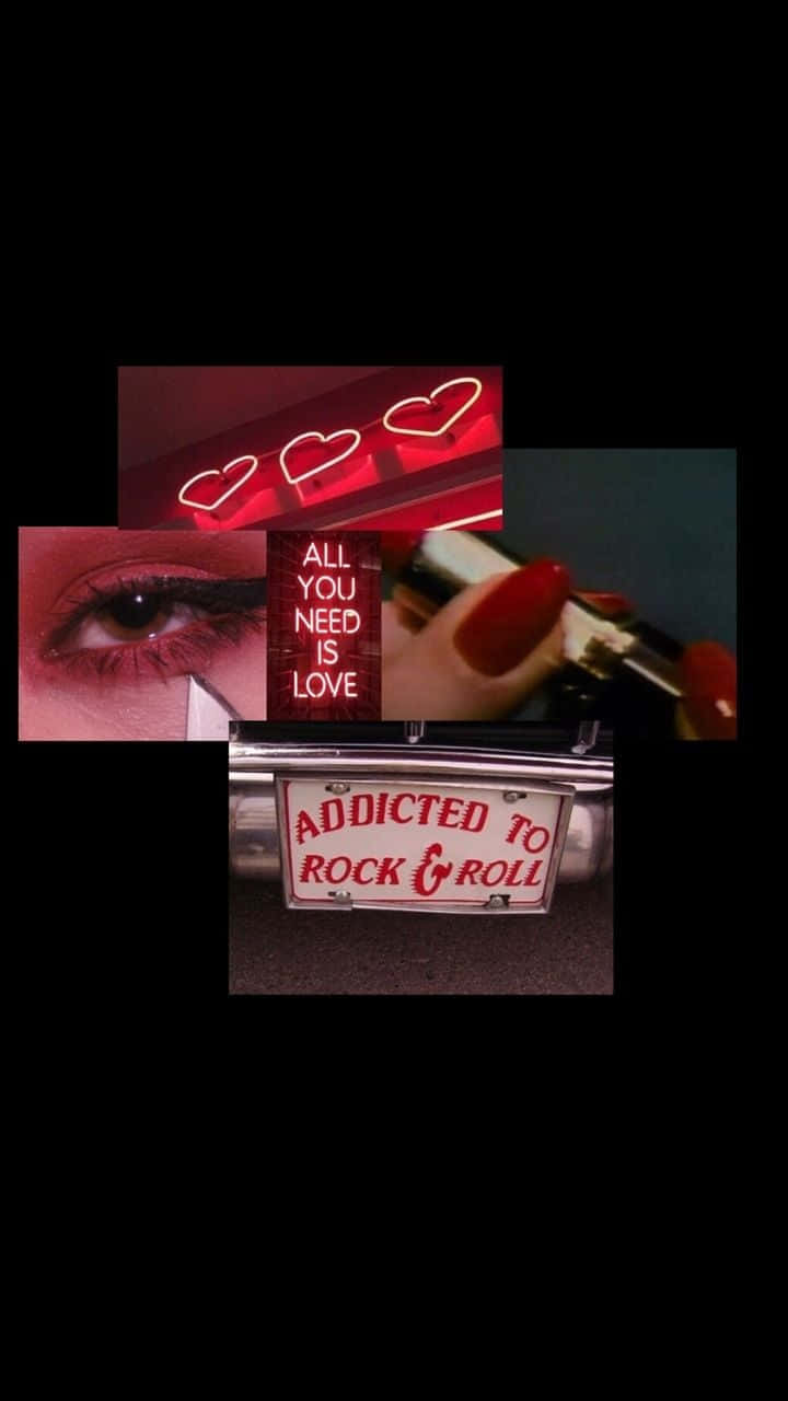 Black And Red Aesthetic 桌布 壁紙 — 紅色霓虹心形、特寫眼睛、紅指甲手拿著香煙，以及寫有「Addicted to Rock & Roll」的車牌的拼貼畫。