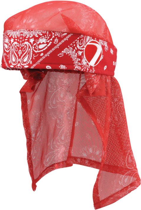 Head Bandana 桌布 壁紙 — 紅色頭巾帶有白色佩斯利圖案，綁成頭飾，網狀布料垂落。