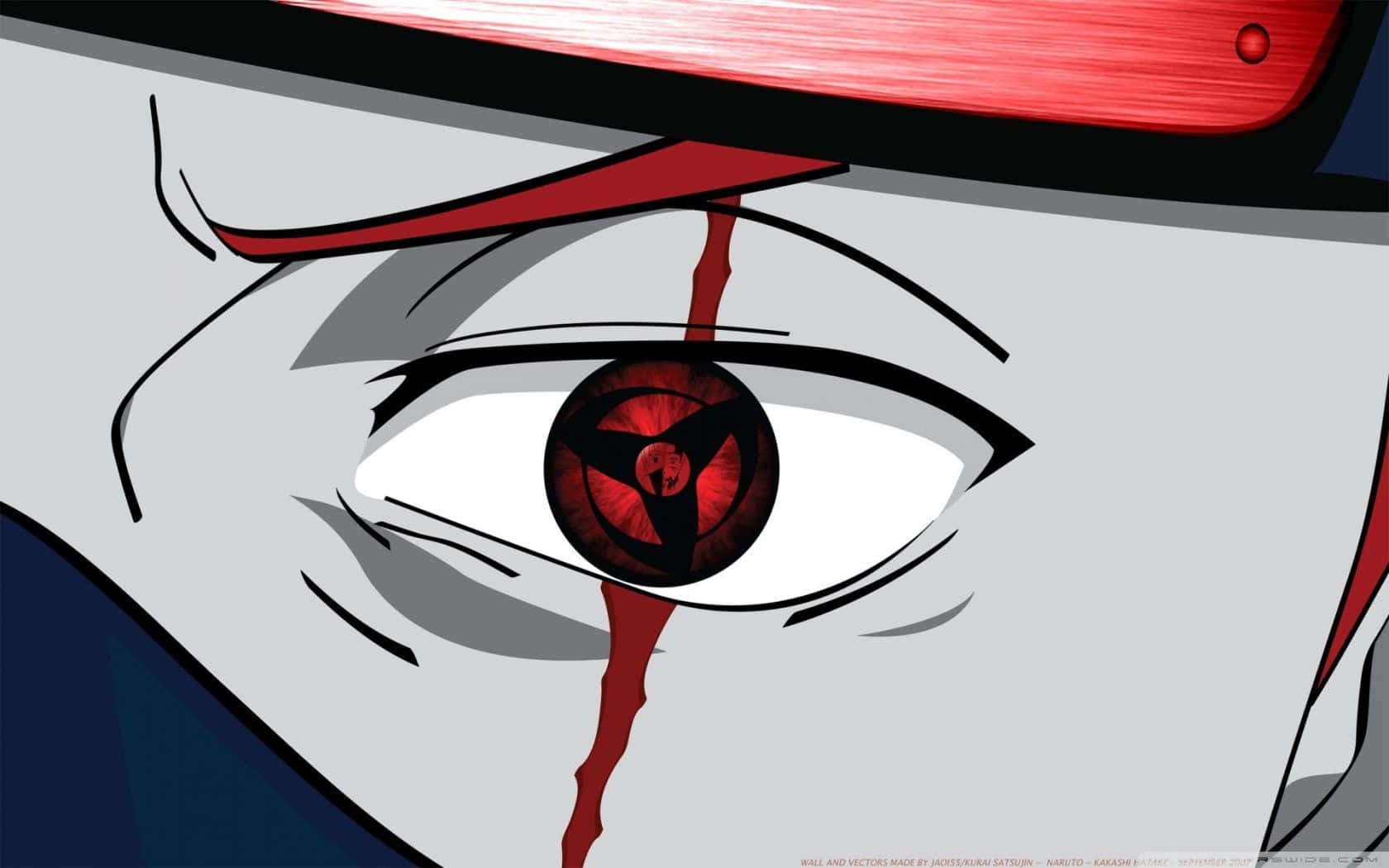 Naruto Eyes 桌布 壁紙 — 紅色頭帶下，動漫眼睛的特寫，帶有紅色寫輪眼符號和血滴沿臉頰流下。
