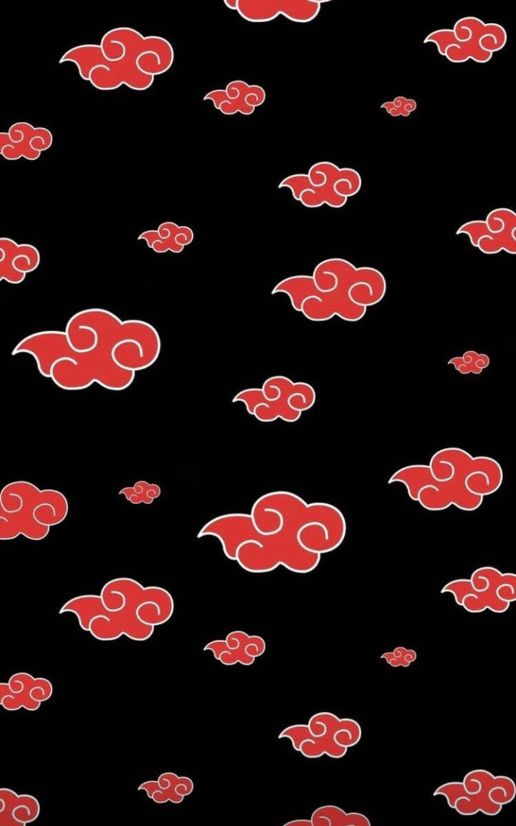 akatsuki phone 桌布 壁紙 — 紅色風格化雲朵帶有白色輪廓，在純黑色背景上以重複圖案漂浮。