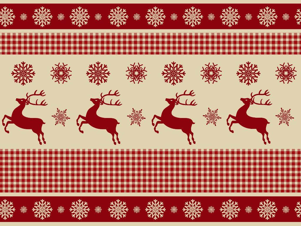 Christmas Pattern 桌布 壁紙 — 紅色馴鹿剪影跳過一個米色區域，周圍環繞著紅色格子和雪花邊框。