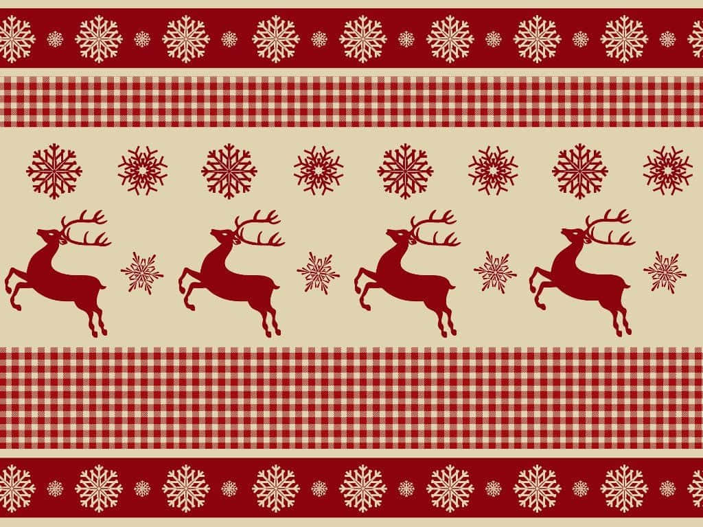 Christmas Pattern 桌布 壁紙 — 紅色馴鹿和雪花在奶油色背景上重複形成節日格子邊框圖案。