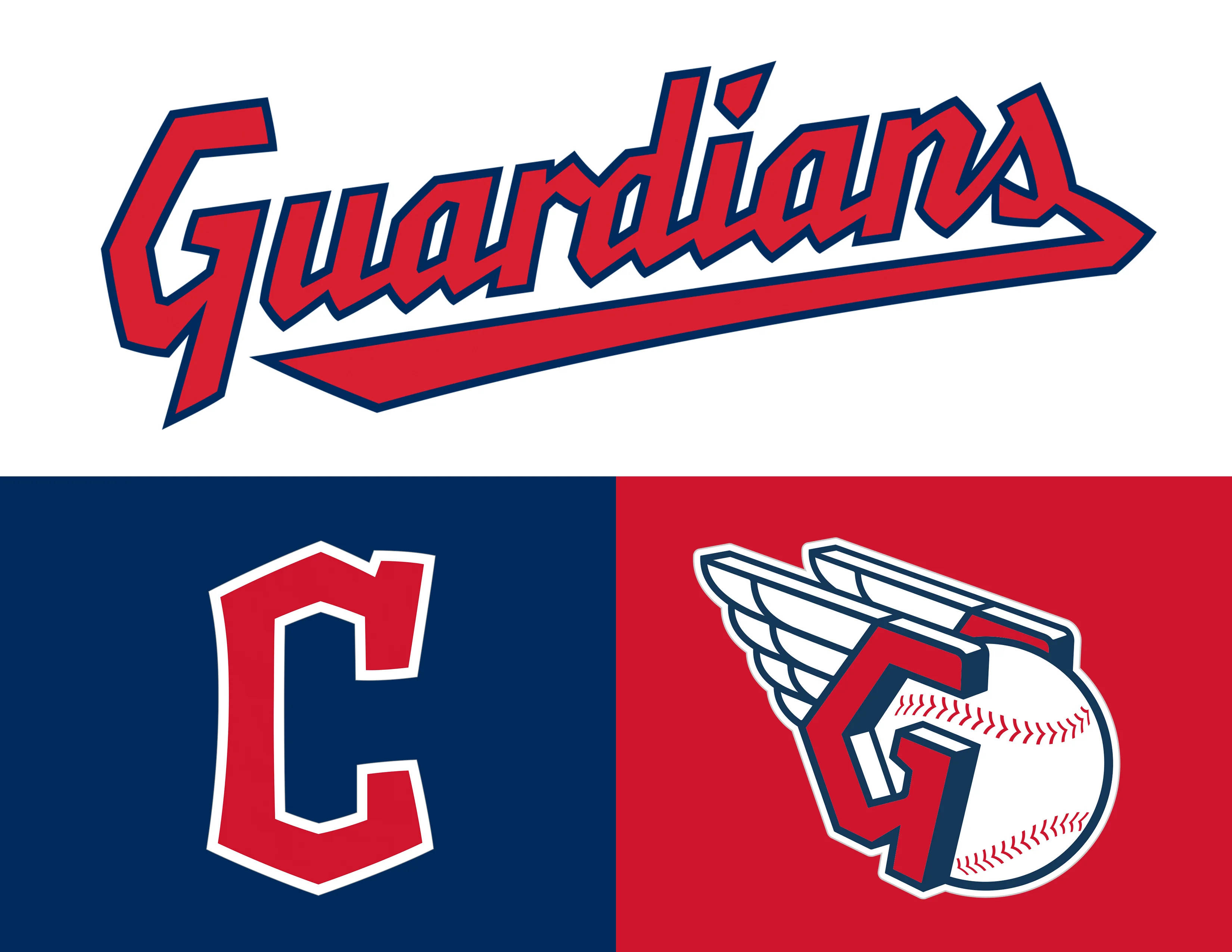 Cleveland Guardians 桌布 壁紙 — 紅藍 Guardians 棒球標誌，在分開的海軍藍和紅色背景上帶有風格化的 C 和有翼的 G。
