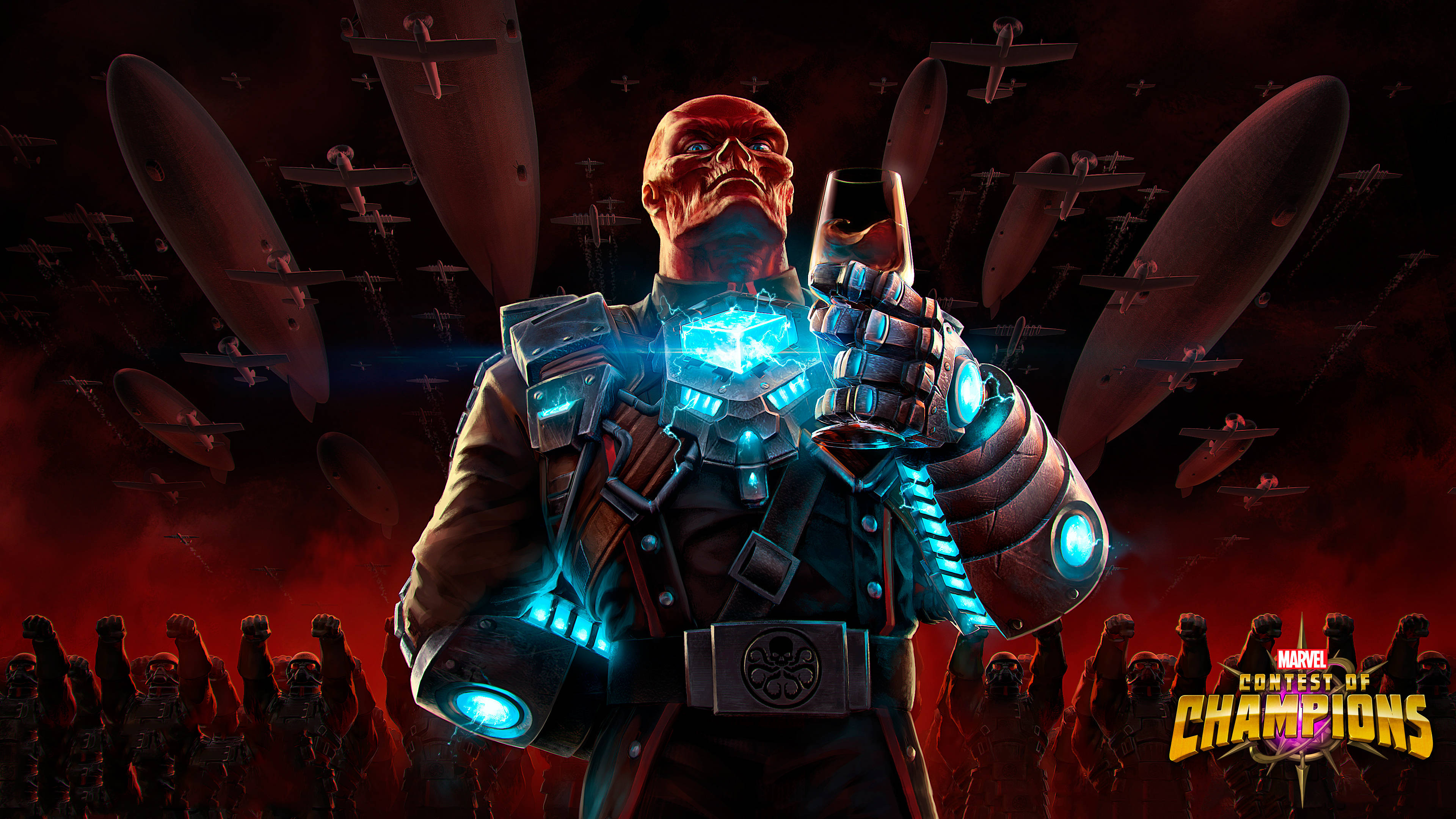 Red Skull 桌布 壁紙 — 紅骷髏在充滿飛船和下方剪影士兵的暗紅色天空中威嚇地站立。