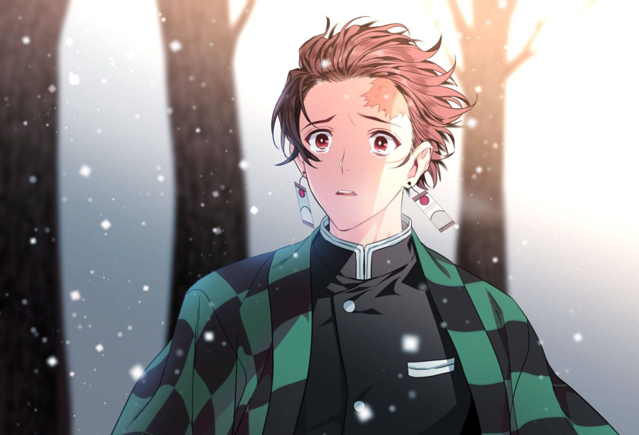 tanjiro pfp 桌布 壁紙 — 紅髮、身穿綠色格子外套的動漫角色，站在樹後透出柔和光芒的雪地森林中。