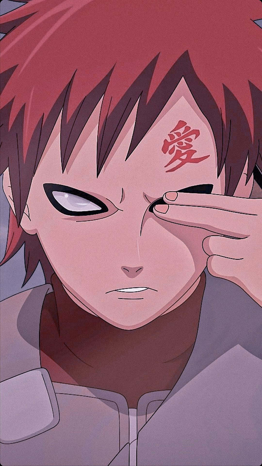 Gaara Naruto Anime 桌布 壁紙 — 紅髮且額頭上有漢字紋身的動漫角色拉下眼罩，露出帶有黑色縫隙瞳孔的白色眼睛。