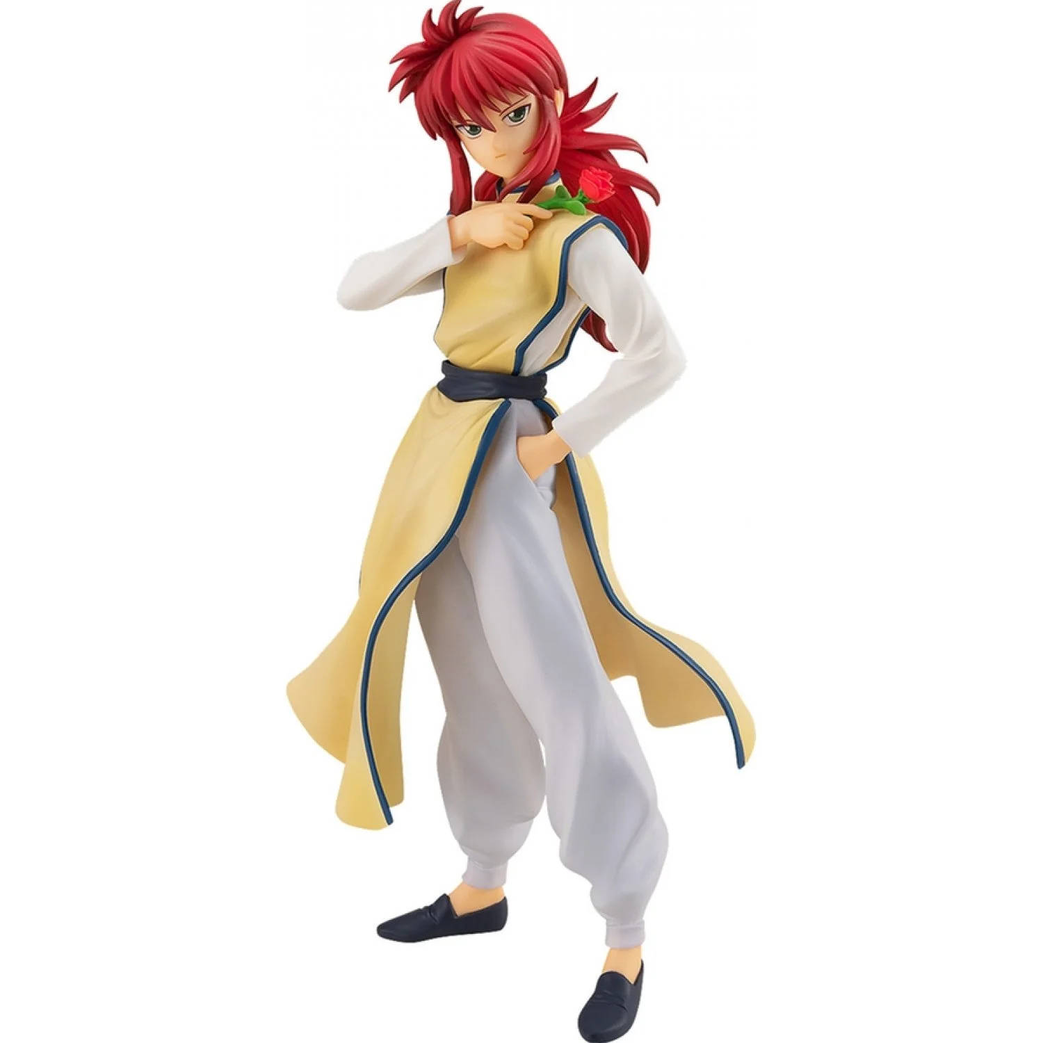 Kurama 桌布 壁紙 — 紅髮動漫人物公仔，身穿黃白相間服裝，自信地手持玫瑰。