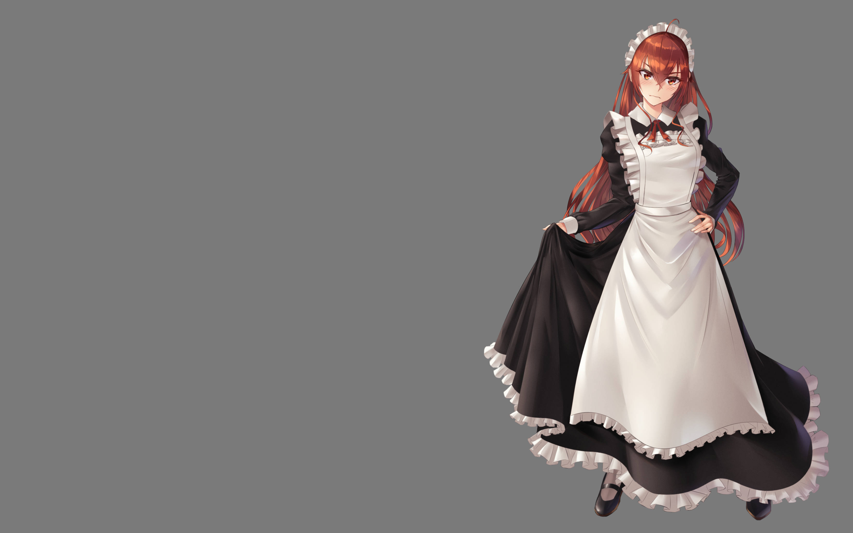 Mushoku Tensei 桌布 壁紙 — 紅髮動漫女僕穿著黑白荷葉邊連衣裙，自信地站在純灰色背景前。