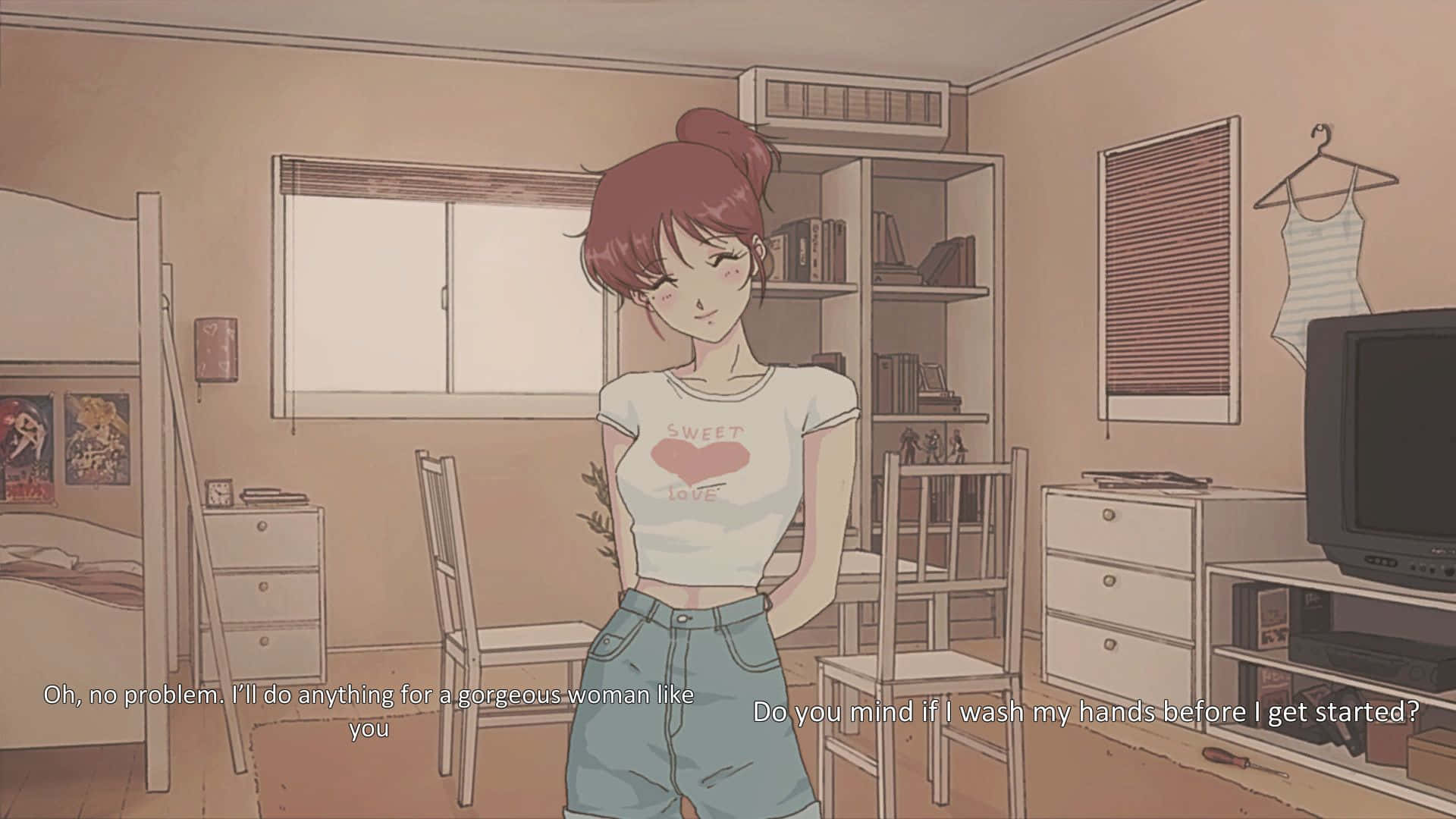 Retro Aesthetic 桌布 壁紙 — 紅髮動漫女孩在凌亂的臥室裡穿著心形襯衫和牛仔褲，站在電視和書架附近。