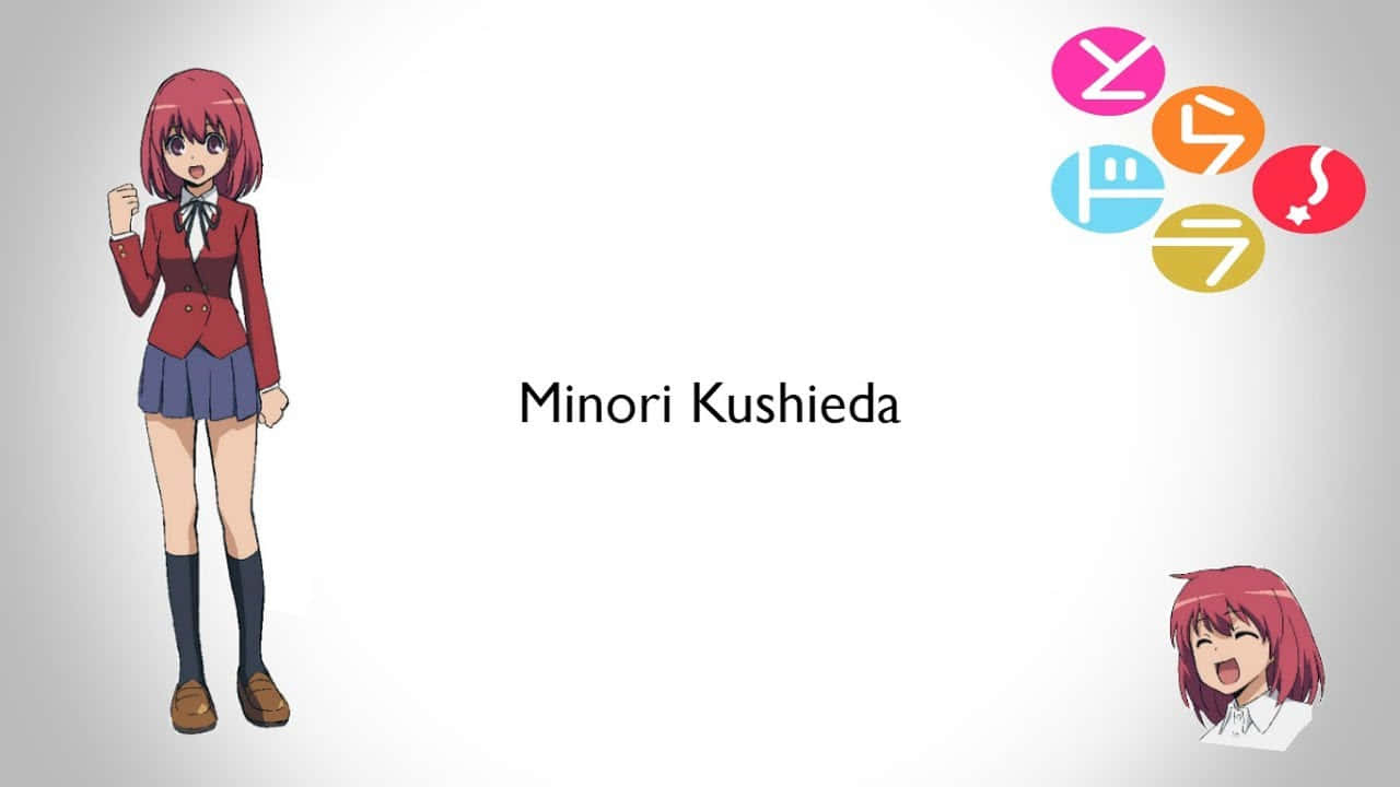 Minori Kushieda 桌布 壁紙 — 紅髮動漫女孩穿著校服，自信地站在她的名字和彩色符號旁邊。