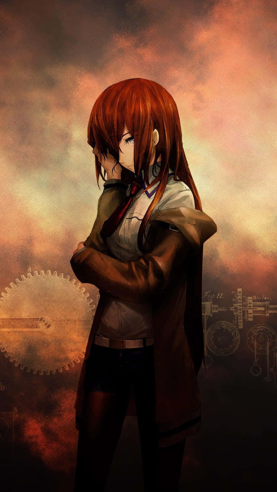 命運石之門 桌布 壁紙 — 紅髮動漫女孩穿著校服，雙臂交叉，站在火熱的橙色和棕色機械背景前。