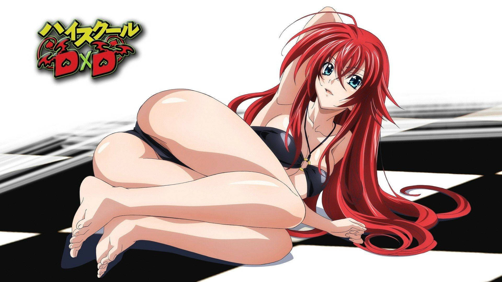 Dxd 桌布 壁紙 — 紅髮動漫女孩穿著黑色比基尼，自信地躺在格子地板上。