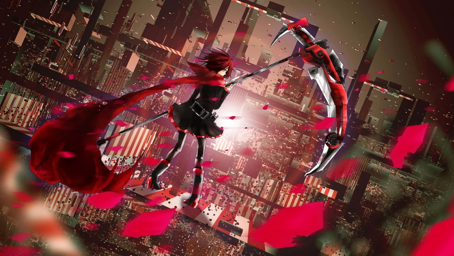 RWBY 桌布 壁紙 — 紅髮動漫女孩身穿黑紅服裝，在未來城市上空揮舞鐮刀，花瓣飄落。